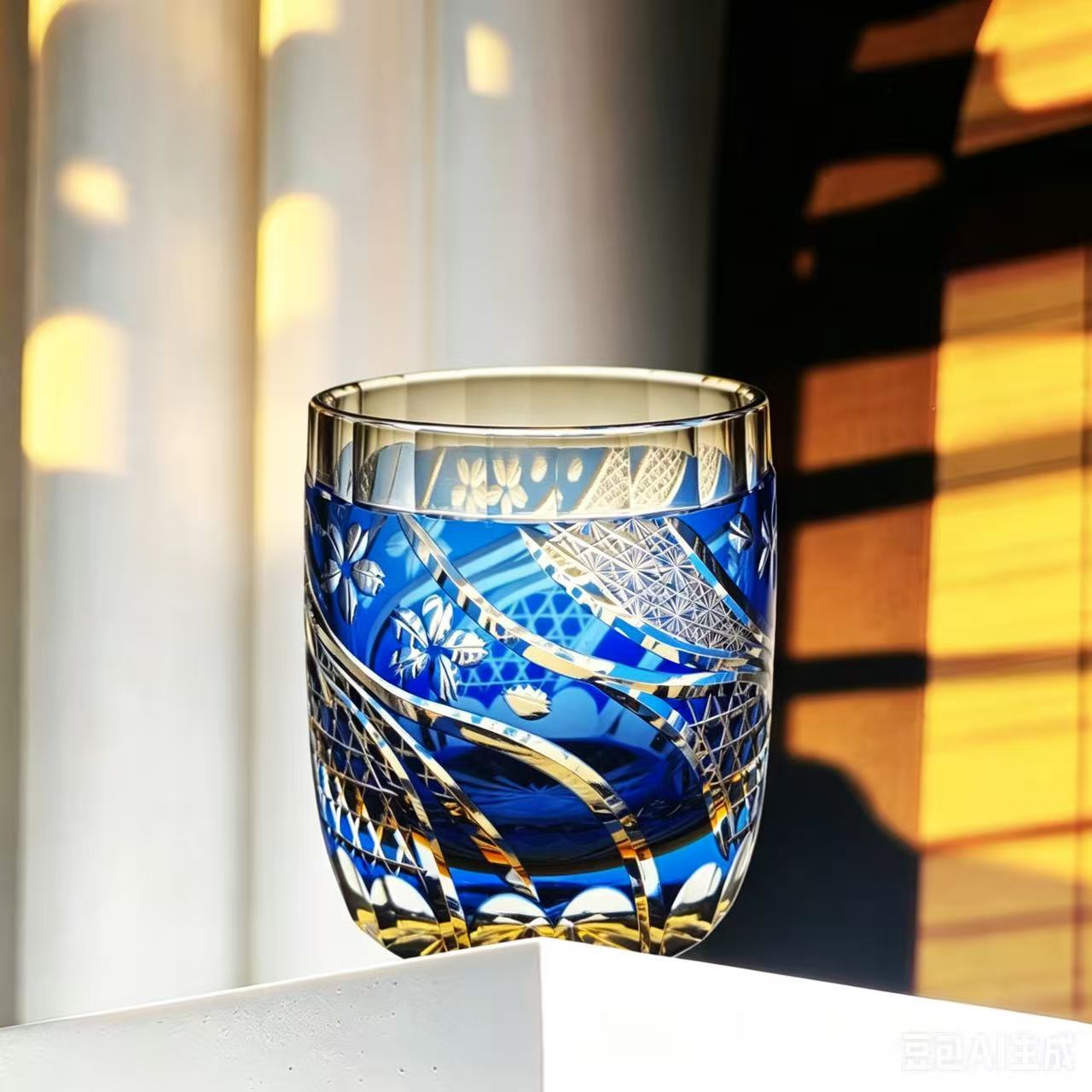 VSVEE Cobalt Blue Floral & Geometric Edo Kiriko Whiskey Glass | Luxury Crystal Gift