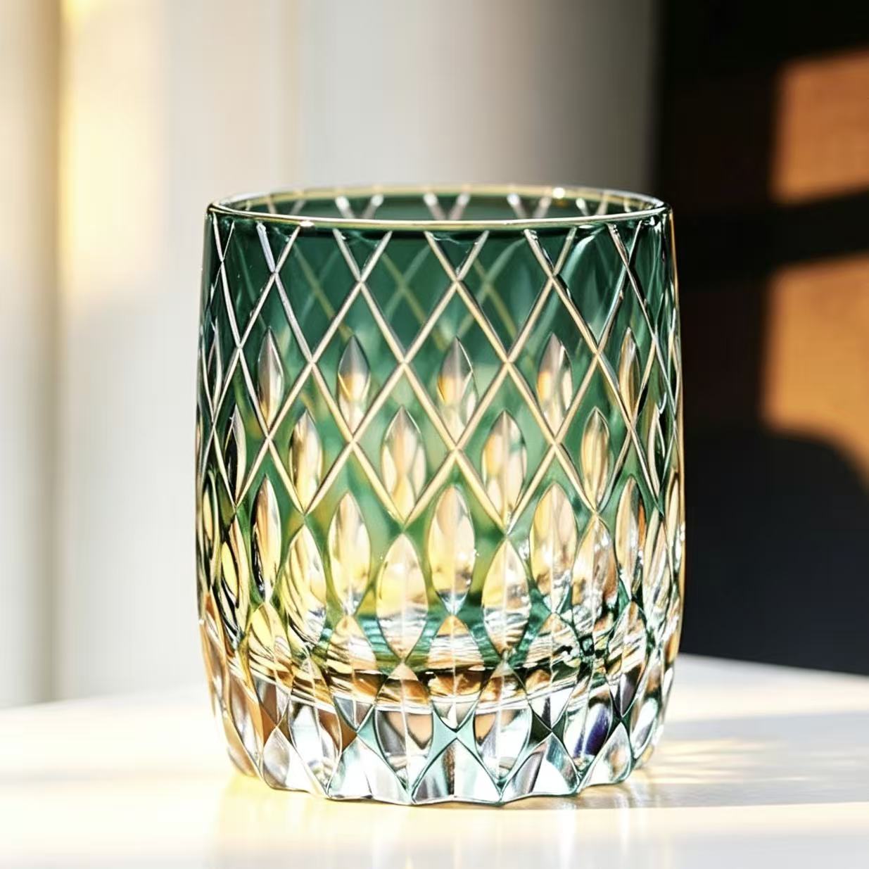 VSVEE Emerald Diamond Lattice Edo Kiriko Whiskey Glass | Luxury Crystal Gift