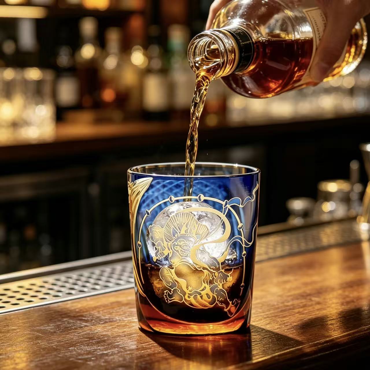 VSVEE Cobalt Blue Raijin Edo Kiriko Whiskey Glass | Luxury Crystal Gift