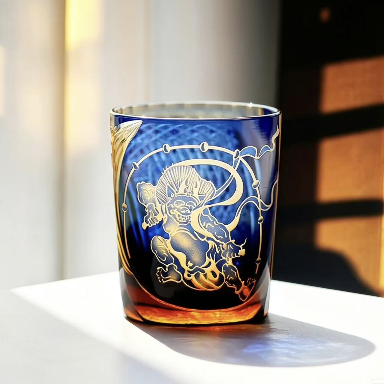 VSVEE Cobalt Blue Raijin Edo Kiriko Whiskey Glass | Luxury Crystal Gift