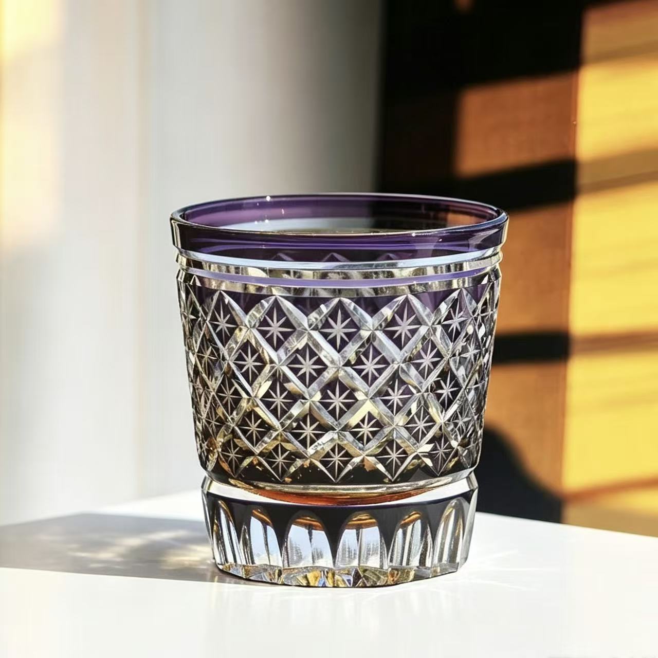 VSVEE Purple Starburst Two-Tier Edo Kiriko Whiskey Glass | Luxury Crystal Gift