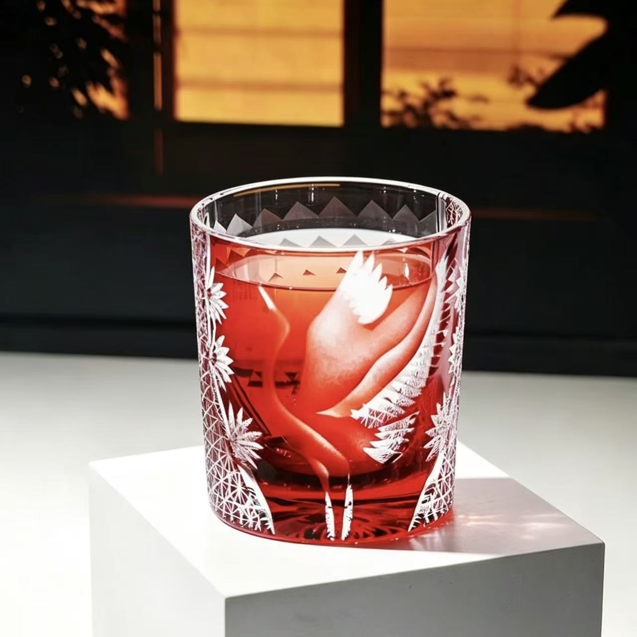 VSVEE Red Crane Edo Kiriko Whiskey Glass | Luxury Crystal Gift