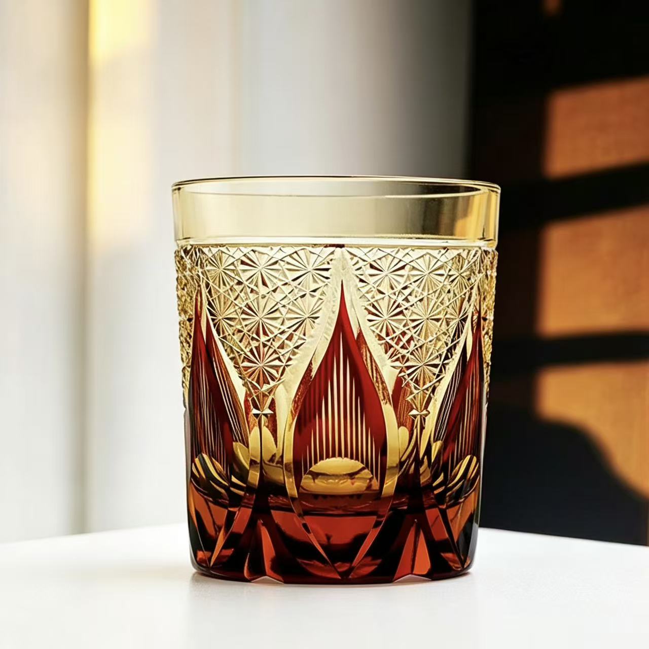 VSVEE Amber Sunburst Flame Edo Kiriko Whiskey Glass | Luxury Crystal Gift