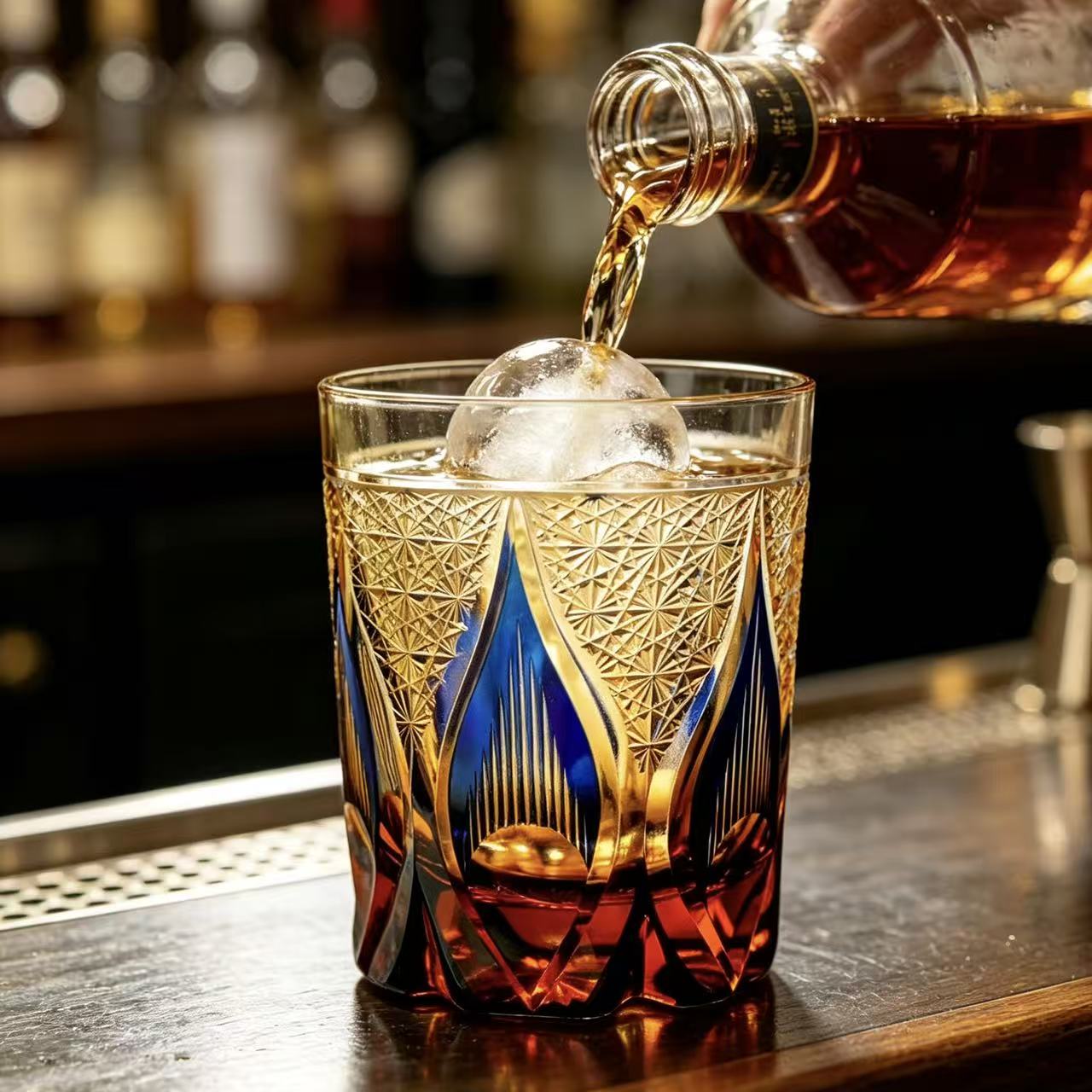 VSVEE Amber Sunburst Flame Edo Kiriko Whiskey Glass | Luxury Crystal Gift