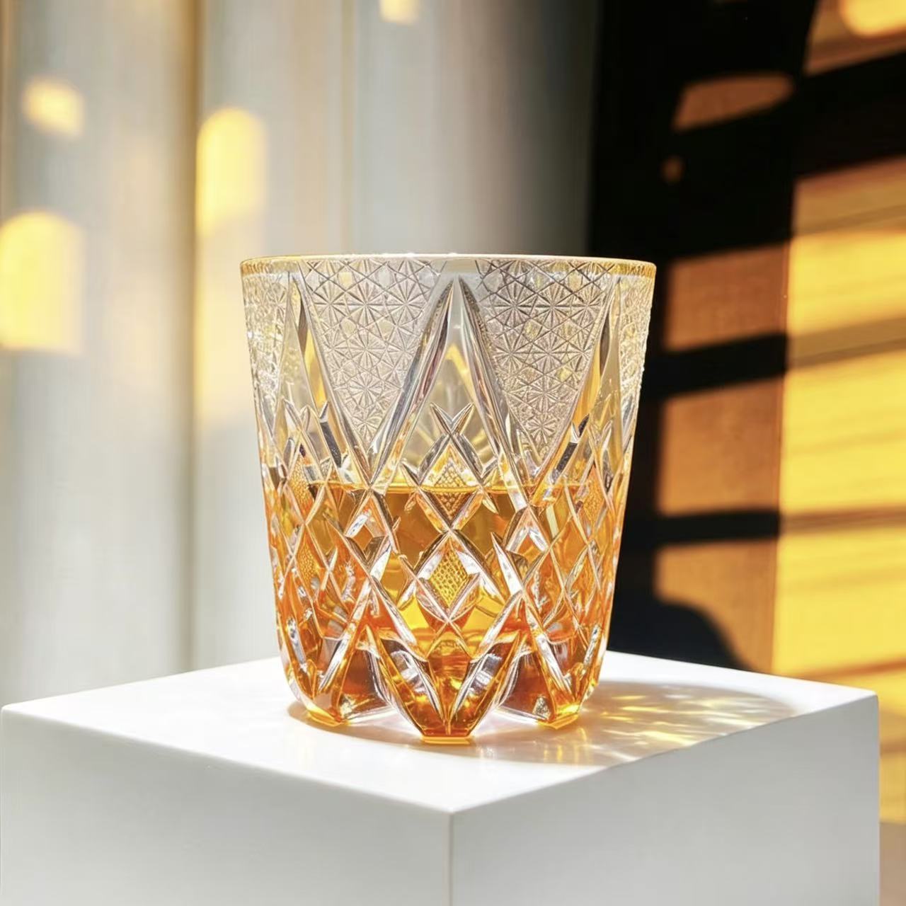 VSVEE Amber Diamond Lattice Edo Kiriko Whiskey Glass | Luxury Crystal Gift