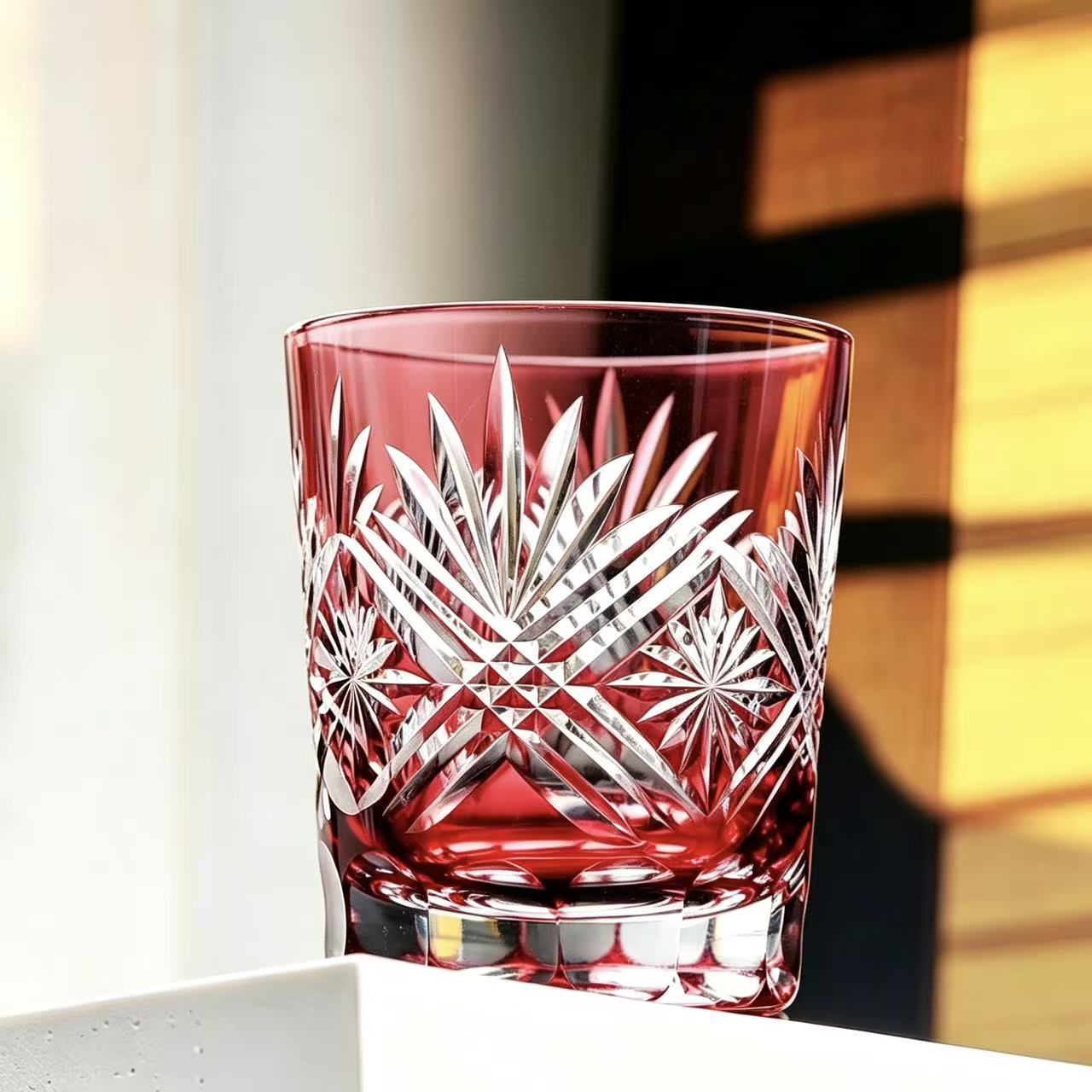 VSVEE Red Radiant Starburst Edo Kiriko Whiskey Glass | Luxury Crystal Gift