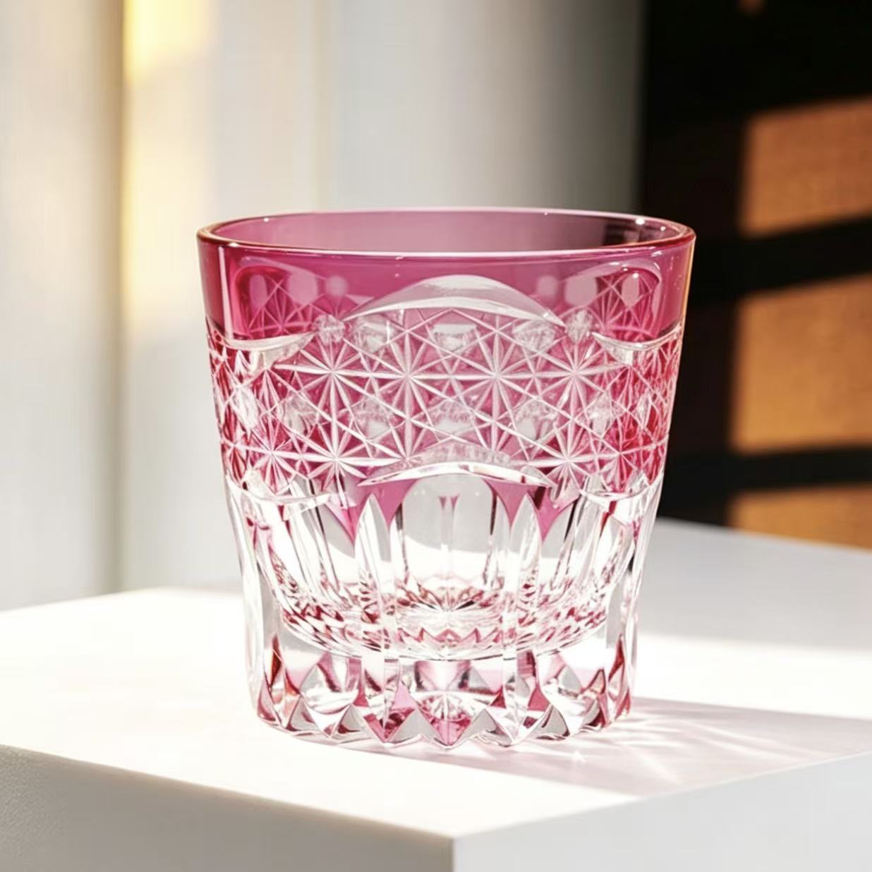 VSVEE Pink Starburst Two-Tone Edo Kiriko Whiskey Glass | Luxury Crystal Gift