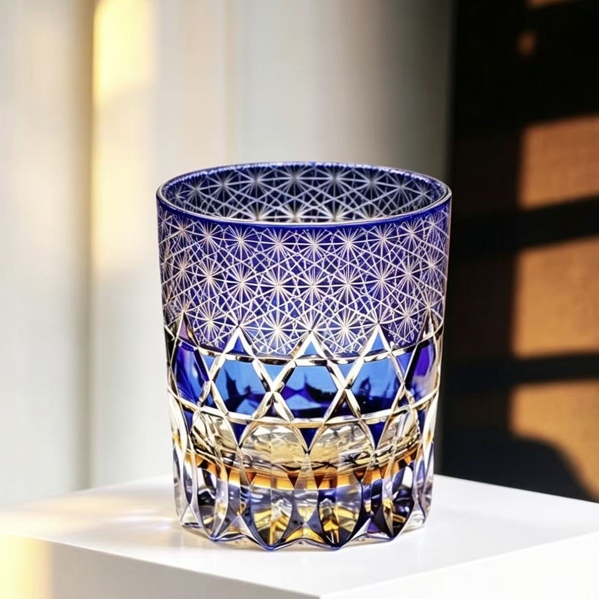 VSVEE Cobalt Blue & Amber Edo Kiriko Whiskey Glass | Luxury Crystal Gift