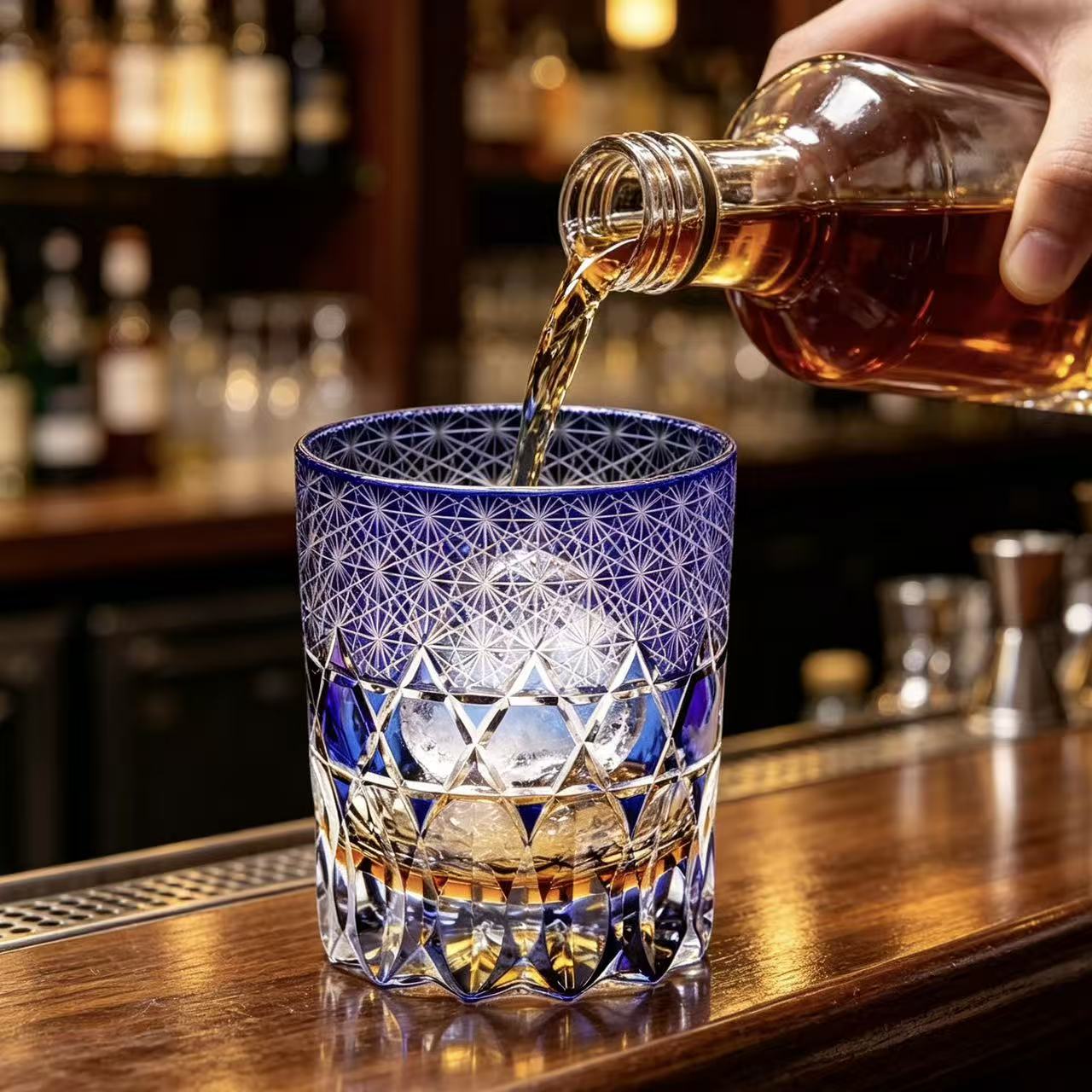 VSVEE Cobalt Blue & Amber Edo Kiriko Whiskey Glass | Luxury Crystal Gift