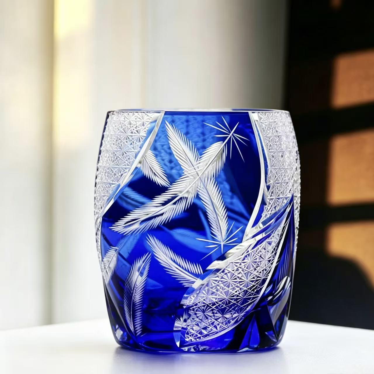 VSVEE Cobalt Blue Feather Edo Kiriko Whiskey Glass | Luxury Crystal Gift