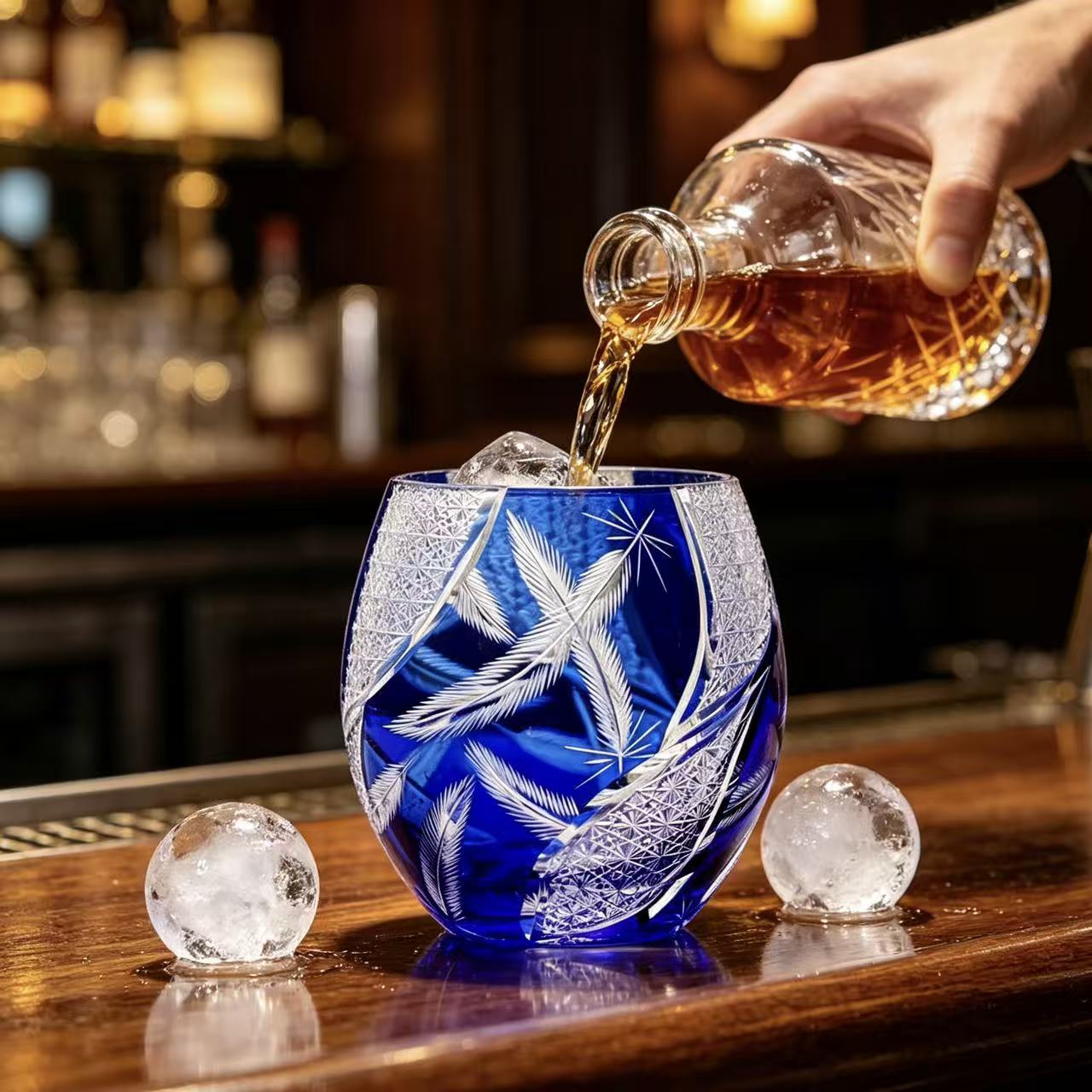 VSVEE Cobalt Blue Feather Edo Kiriko Whiskey Glass | Luxury Crystal Gift