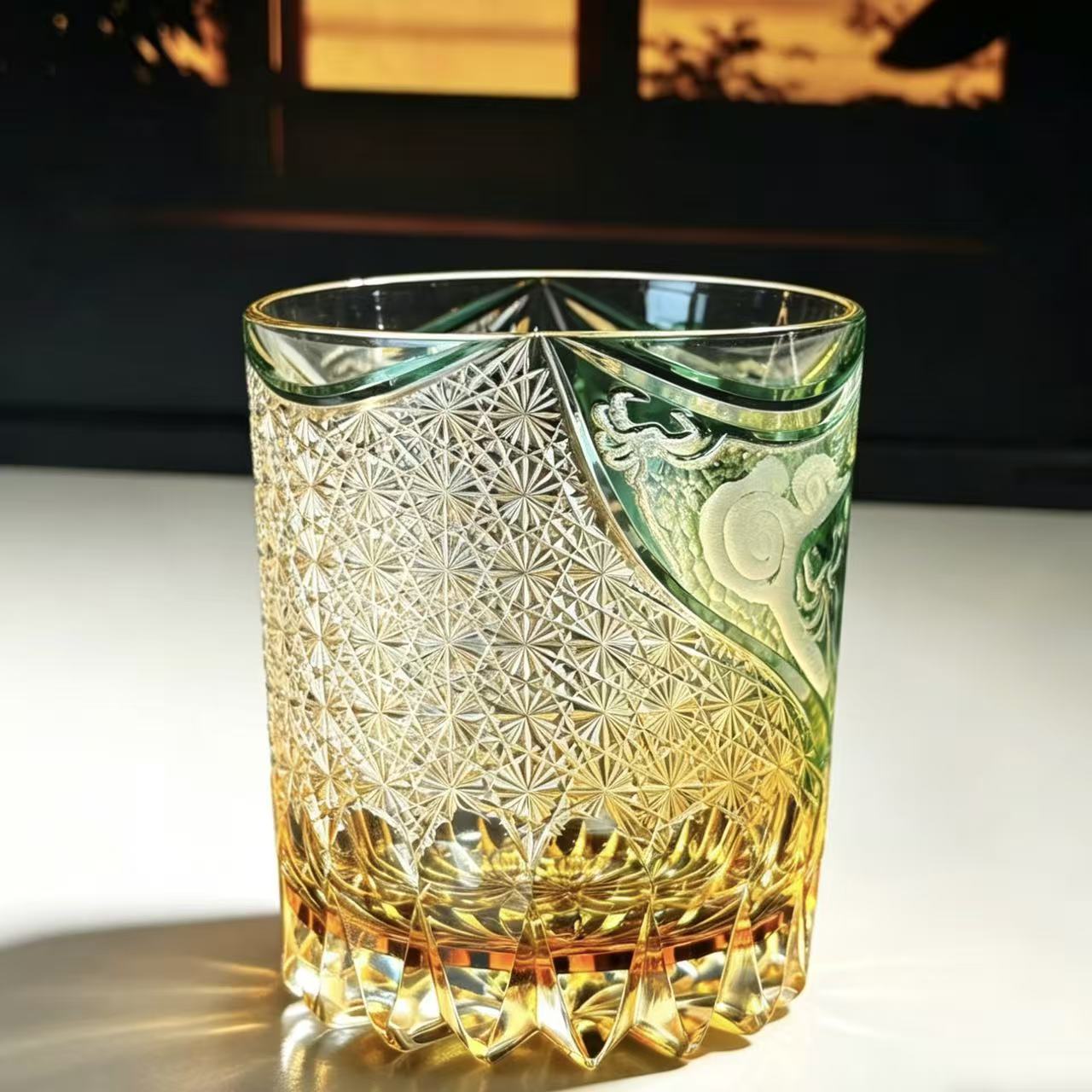 VSVEE Amber & Green Dragon Hand-Cut Whiskey Glass | Luxury Crystal Gift