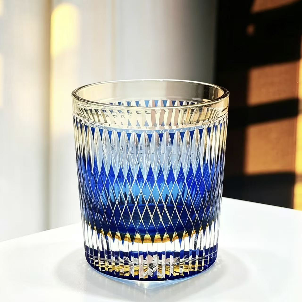 VSVEE Cobalt Blue Diamond & Ribbed Hand-Cut Whiskey Glass | Luxury Gift