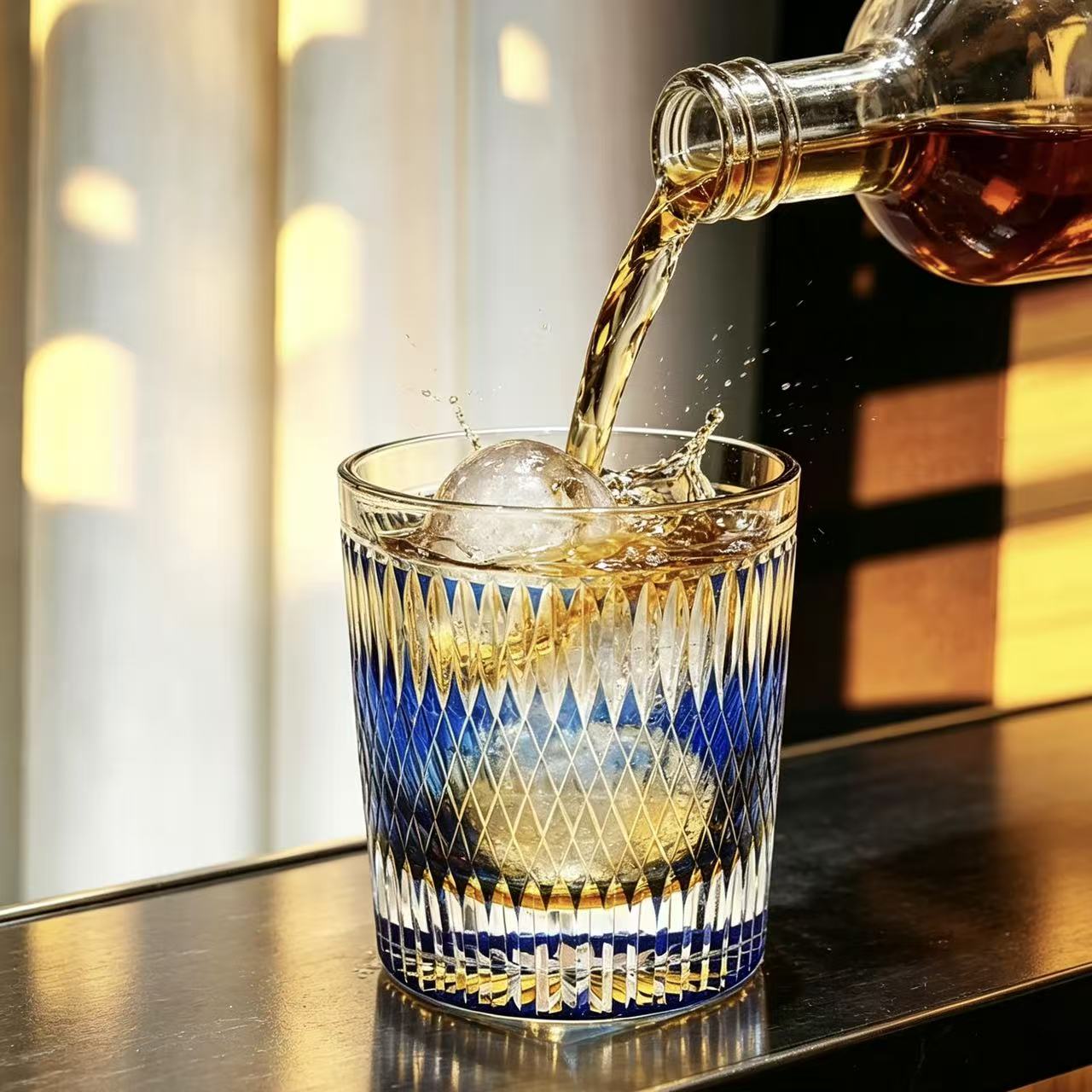VSVEE Cobalt Blue Diamond & Ribbed Hand-Cut Whiskey Glass | Luxury Gift