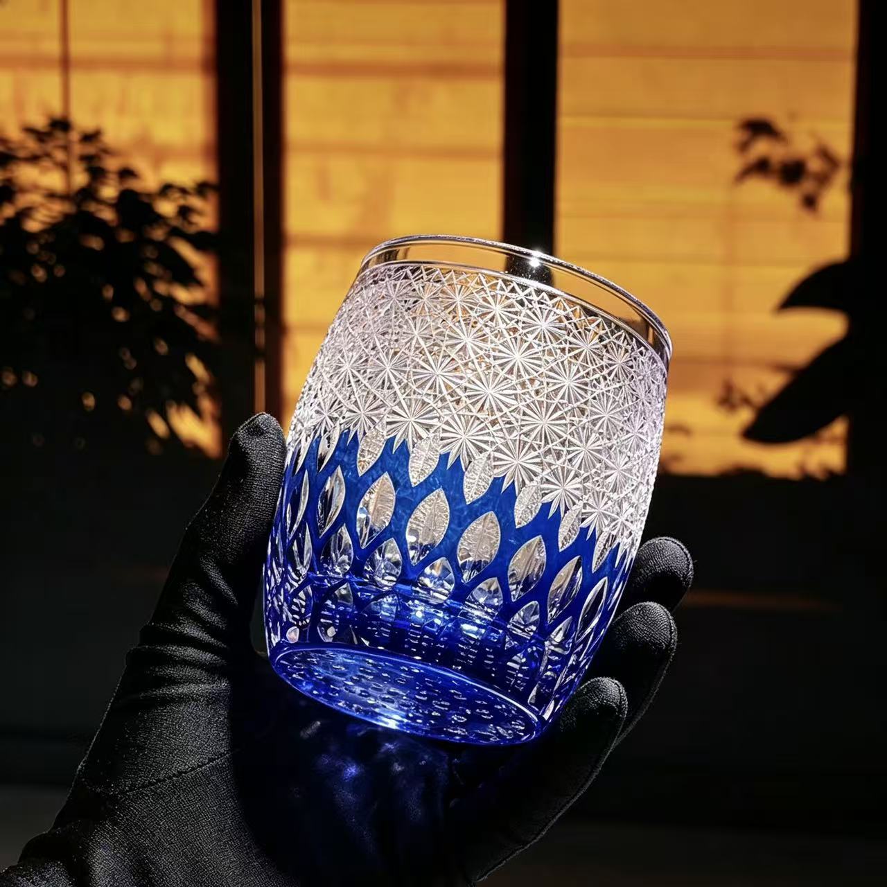 VSVEE Cobalt Blue Starburst & Leaf Hand-Cut Whiskey Glass | Luxury Gift
