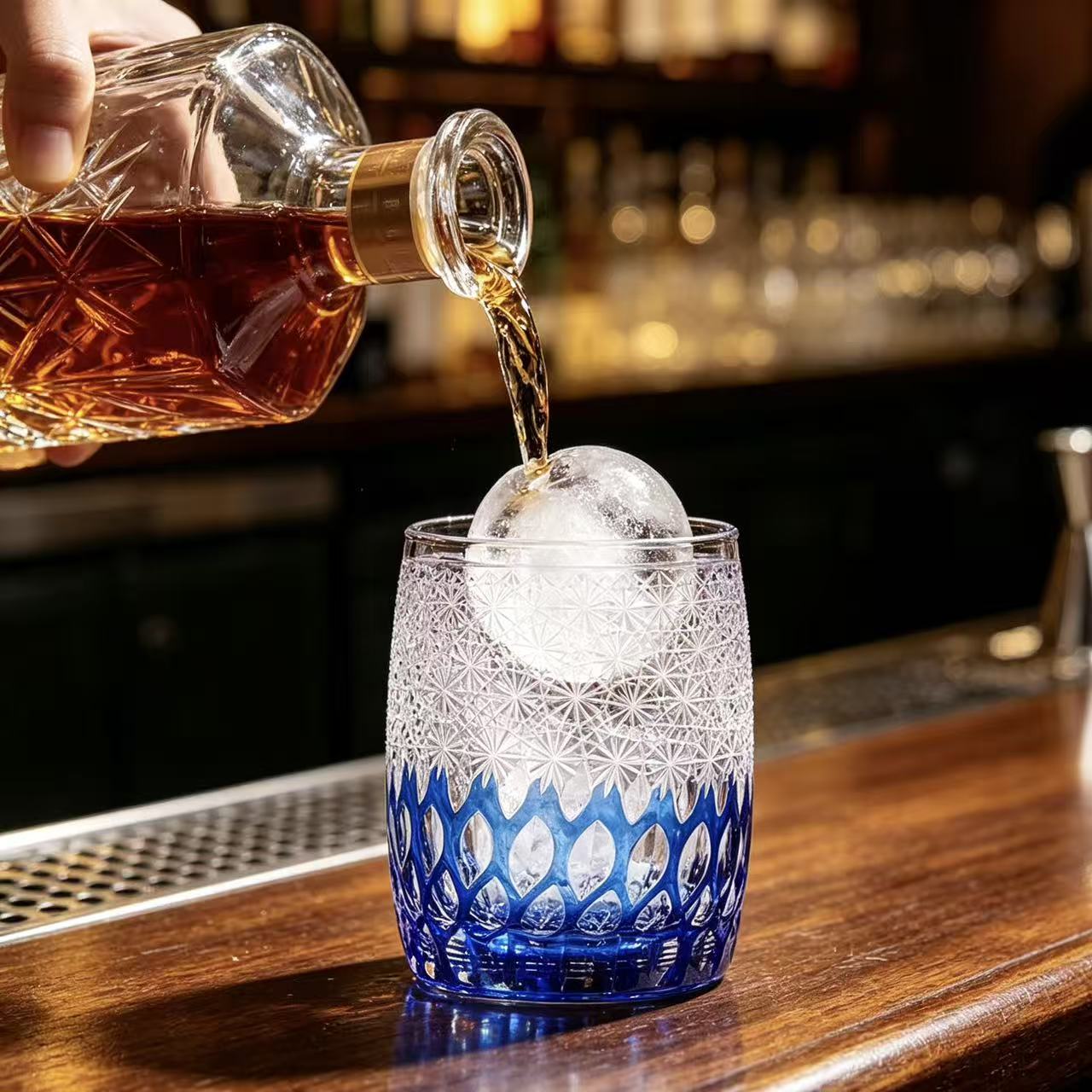 VSVEE Cobalt Blue Starburst & Leaf Hand-Cut Whiskey Glass | Luxury Gift