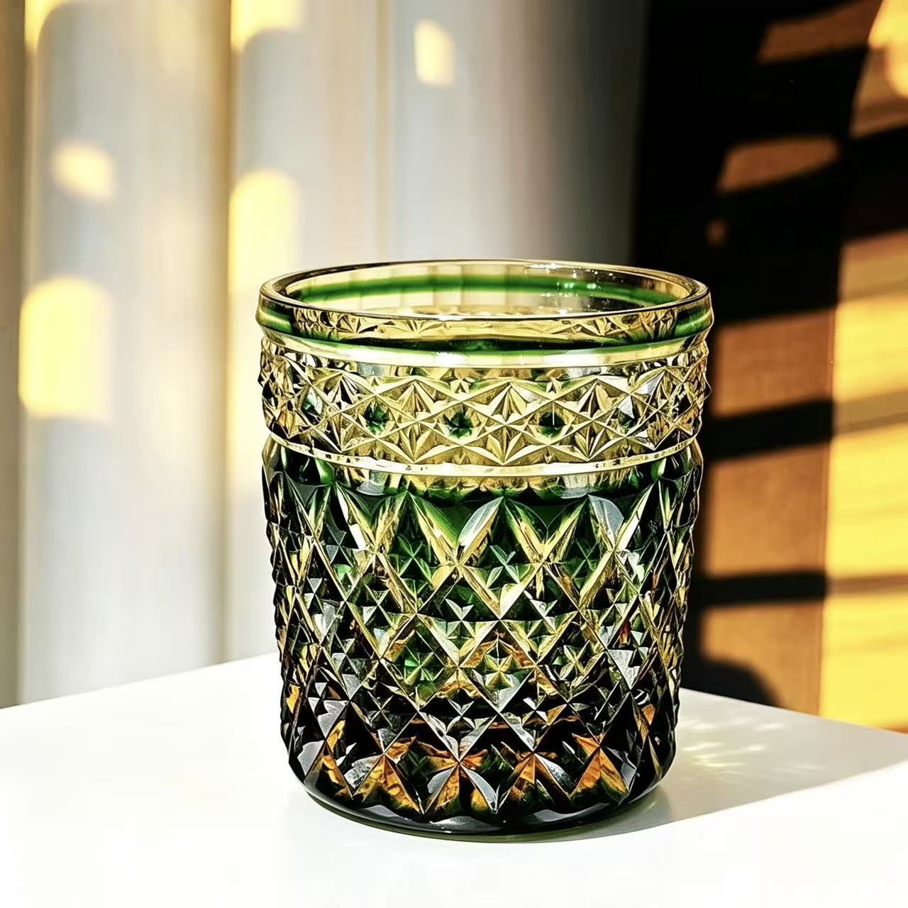 VSVEE Green & Gold Diamond Cut Hand-Cut Whiskey Glass | Luxury Gift