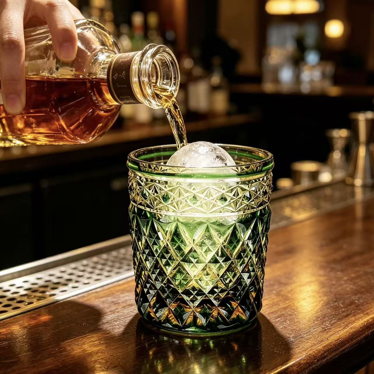 VSVEE Green & Gold Diamond Cut Hand-Cut Whiskey Glass | Luxury Gift