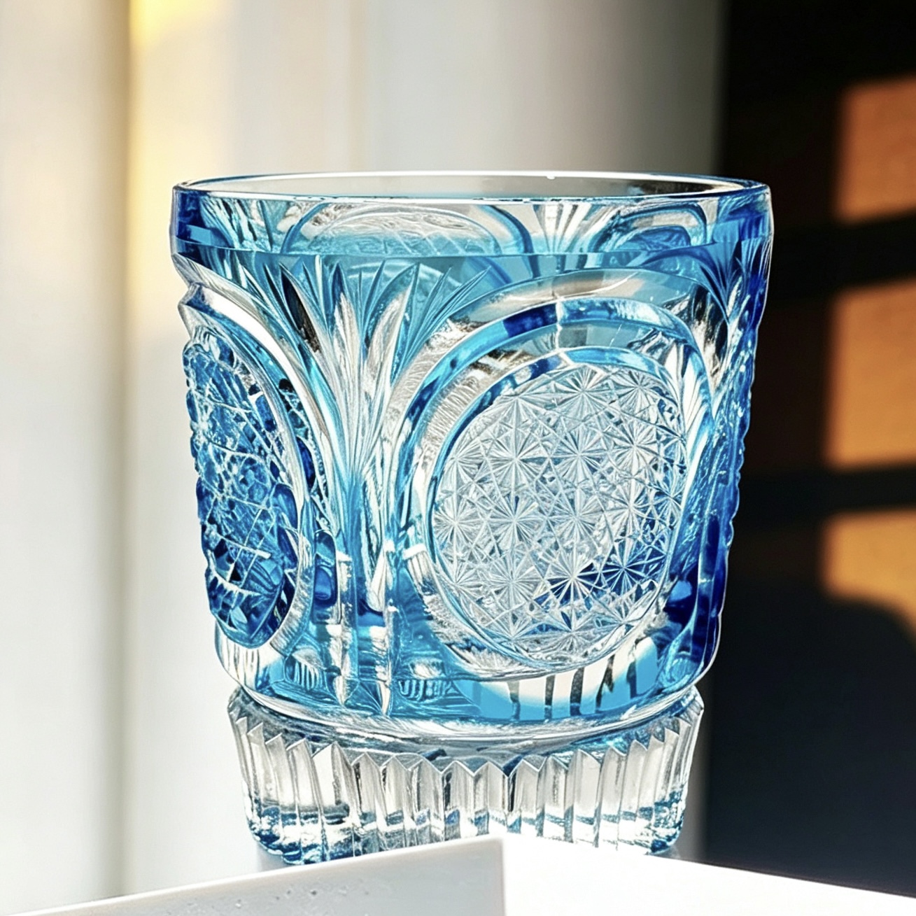 VSVEE Light Blue Starburst Medallion Hand-Cut Whiskey Glass | Luxury Gift