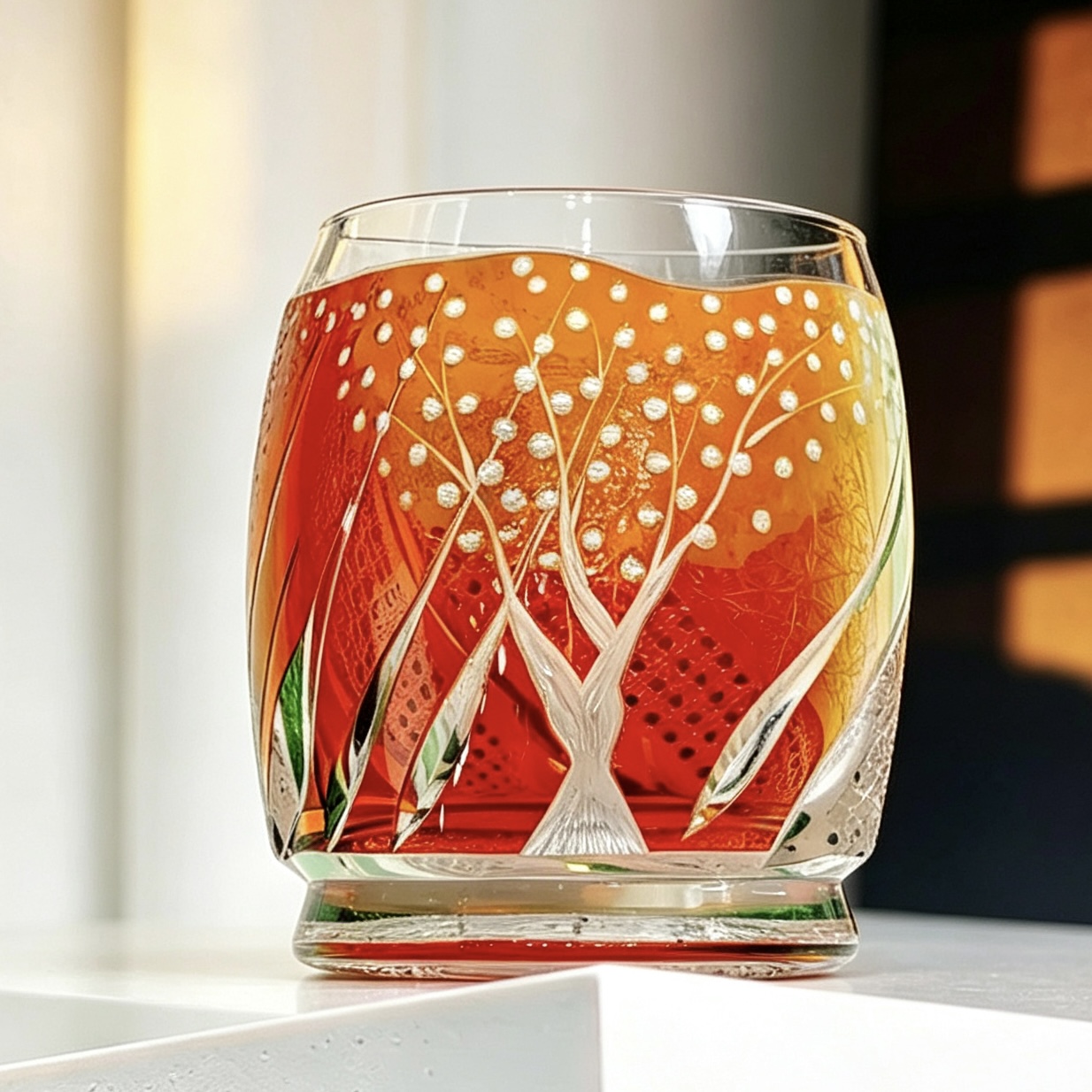 VSVEE Amber & Red Tree of Life Hand-Cut Whiskey Glass | Luxury Gift