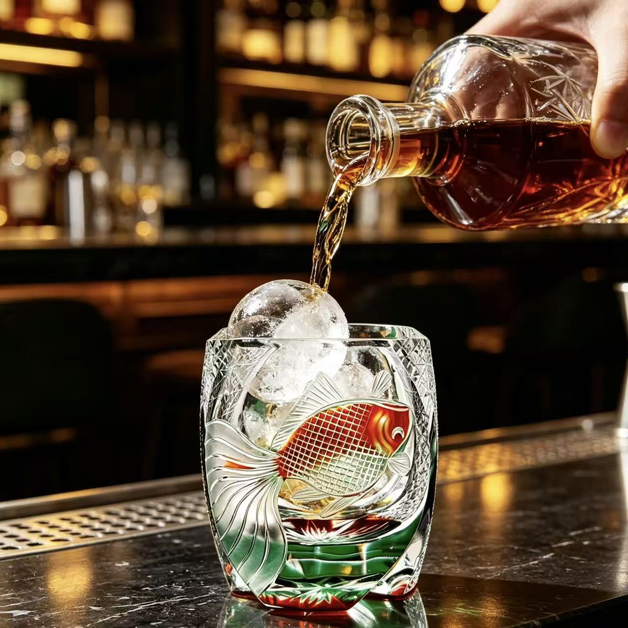 VSVEE Green & Red Koi Fish Hand-Cut Whiskey Glass | Luxury Gift