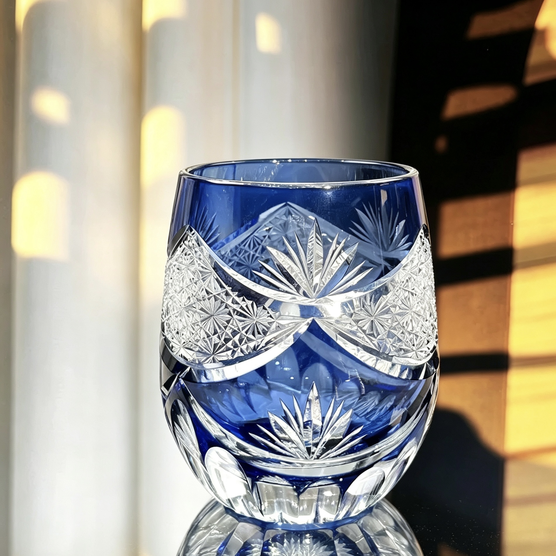 VSVEE Cobalt Blue Two-Tier Starburst & Leaf Hand-Cut Whiskey Glass | Luxury Gift