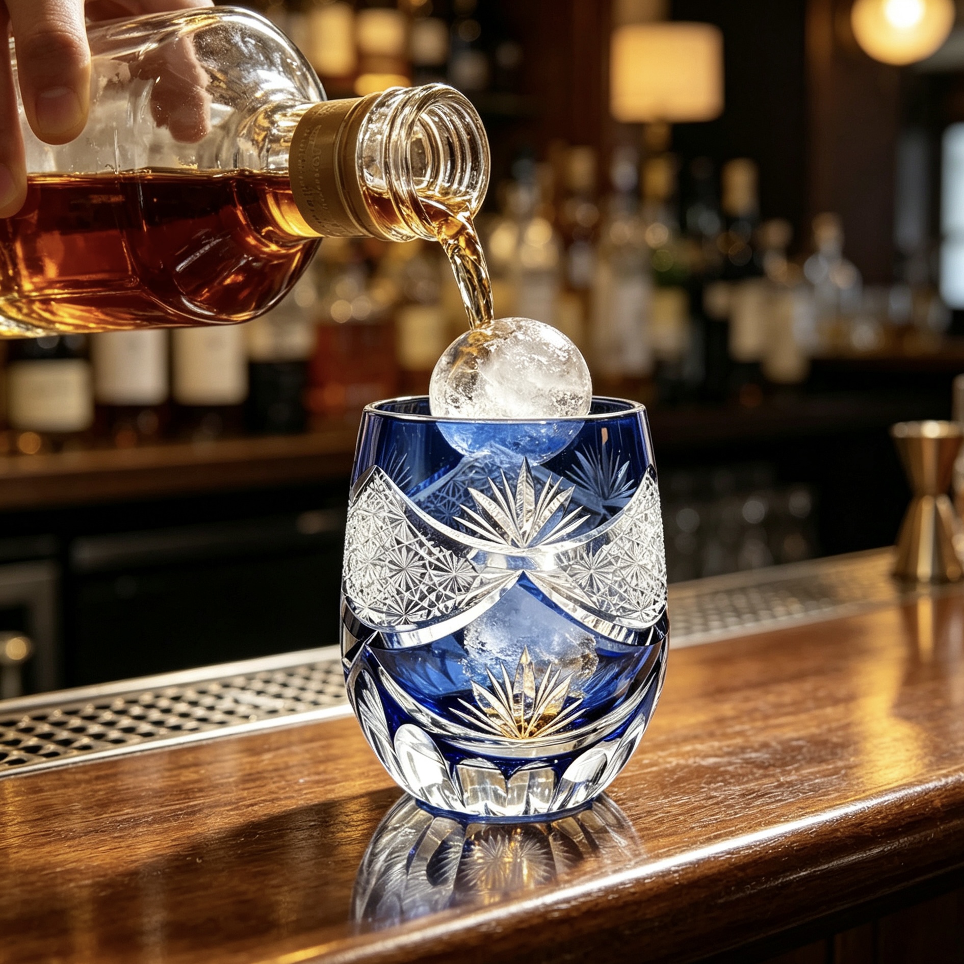 VSVEE Cobalt Blue Two-Tier Starburst & Leaf Hand-Cut Whiskey Glass | Luxury Gift