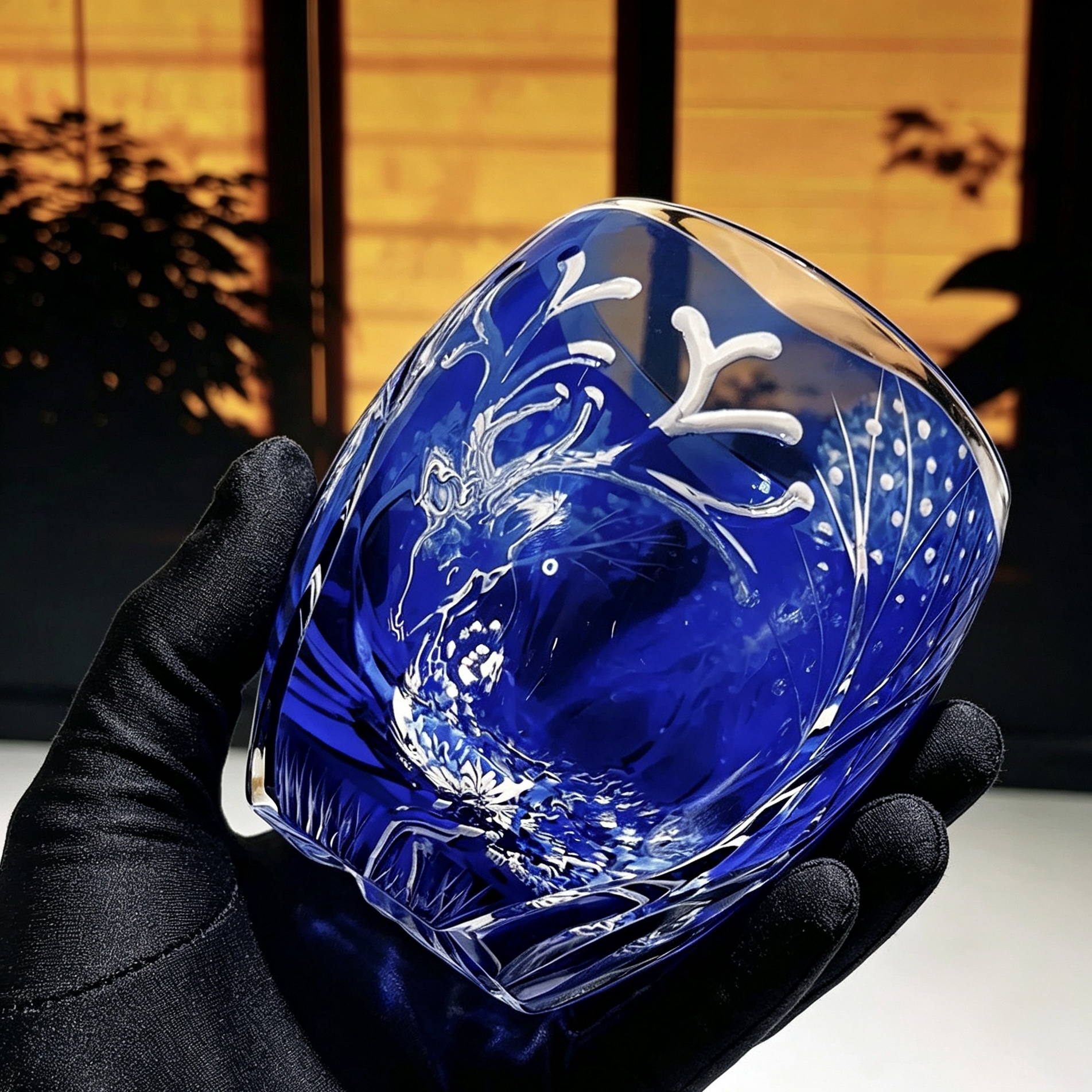 VSVEE Cobalt Blue Deer Hand-Cut Whiskey Glass | Luxury Gift