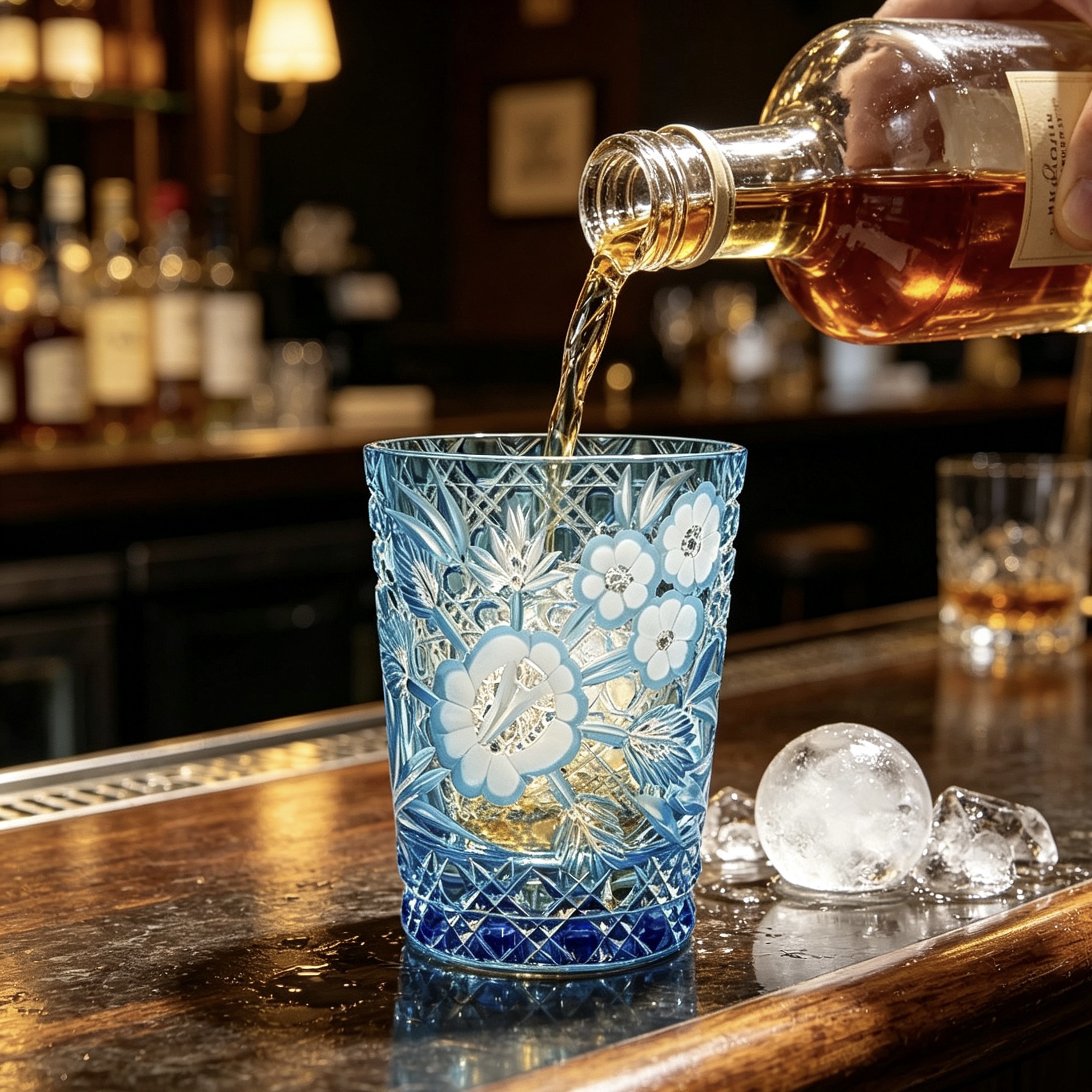 VSVEE Light Blue Floral Hand-Cut Whiskey Glass | Luxury Crystal Gift