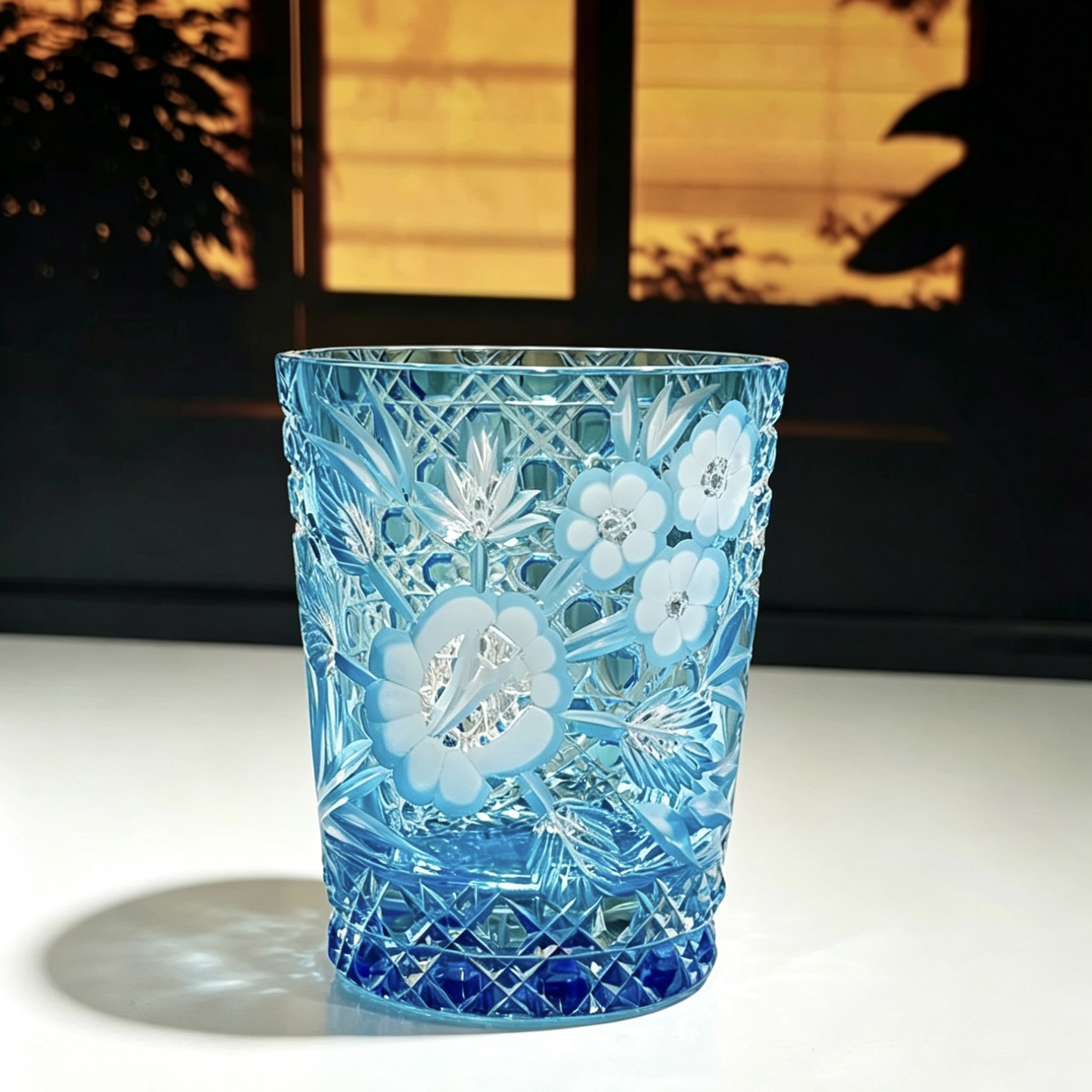 VSVEE Light Blue Floral Hand-Cut Whiskey Glass | Luxury Crystal Gift