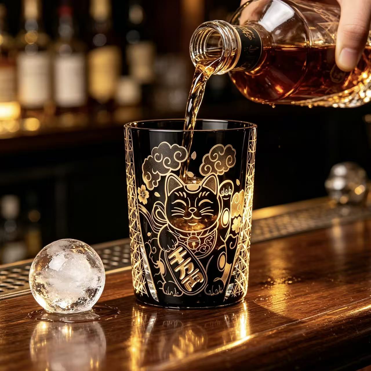 VSVEE Black & Gold Maneki-neko Hand-Cut Whiskey Glass | Luxury Gift