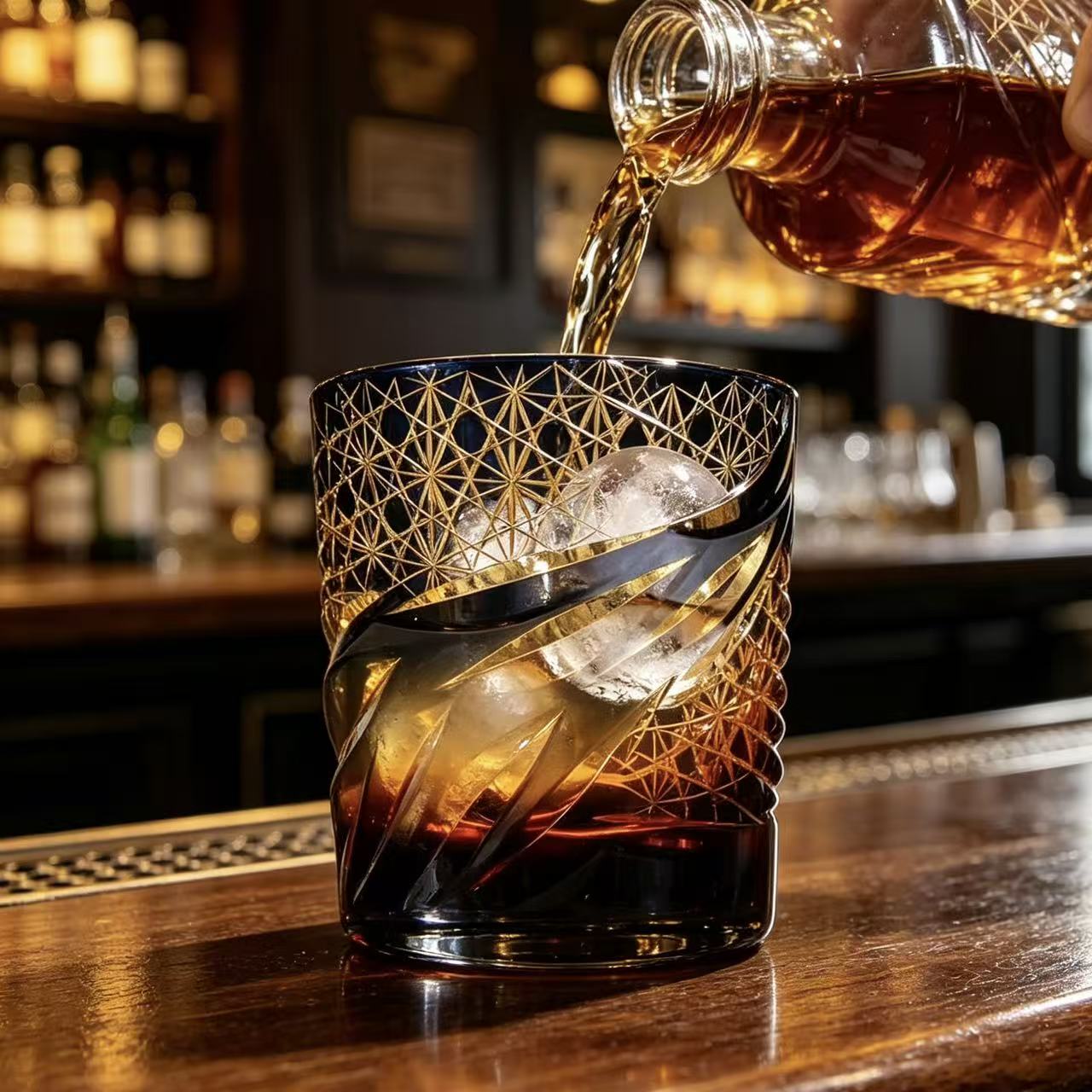 VSVEE Amber Gradient Swirl Star Edo Kiriko  Whiskey Glass | Luxury Handmade Gift