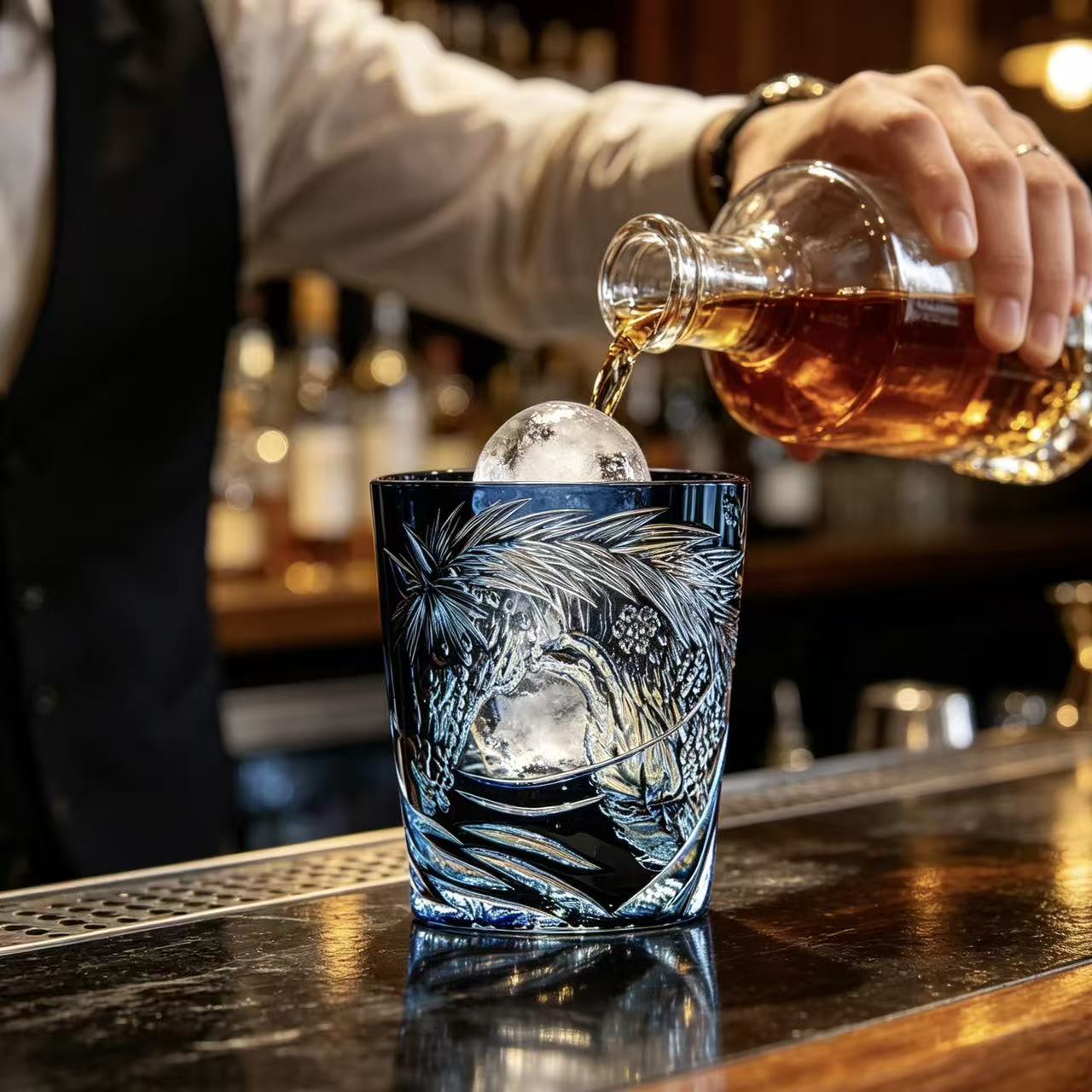 VSVEE Midnight Blue Pine Edo Kiriko Whiskey Glass | Luxury Crystal Gift
