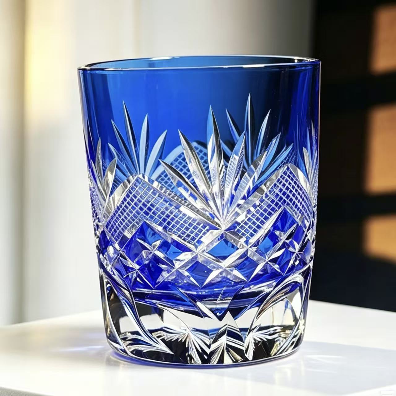 VSVEE Cobalt Blue Fan & Diamond Hand-Cut Whiskey Glass | Luxury Gift