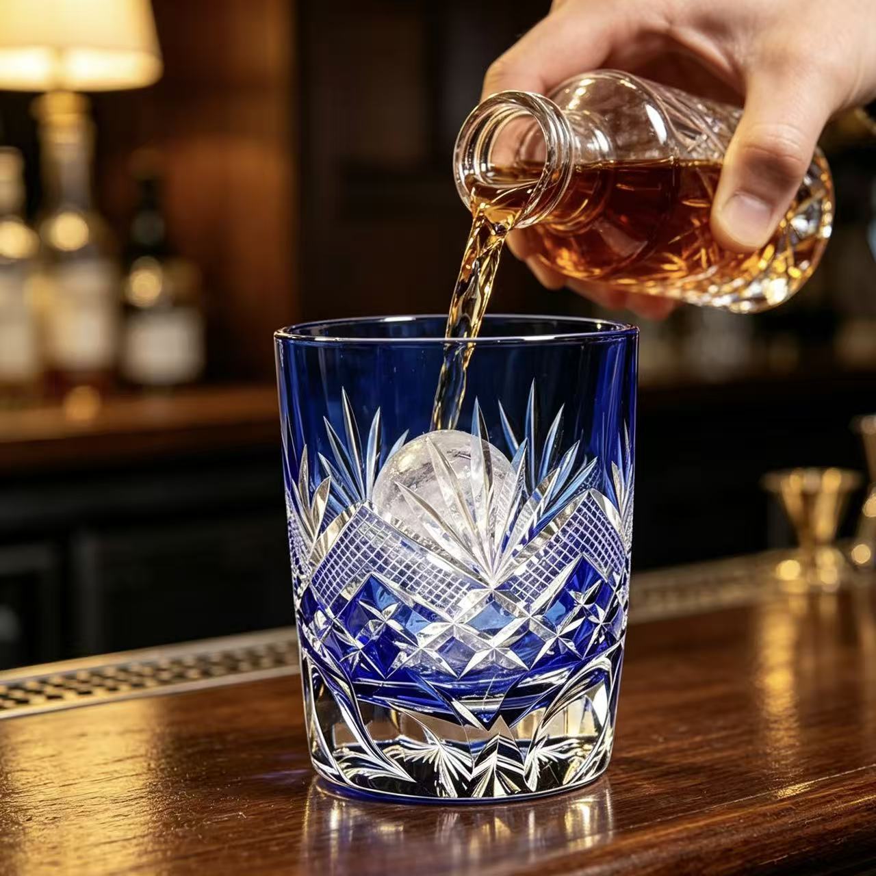 VSVEE Cobalt Blue Fan & Diamond Hand-Cut Whiskey Glass | Luxury Gift