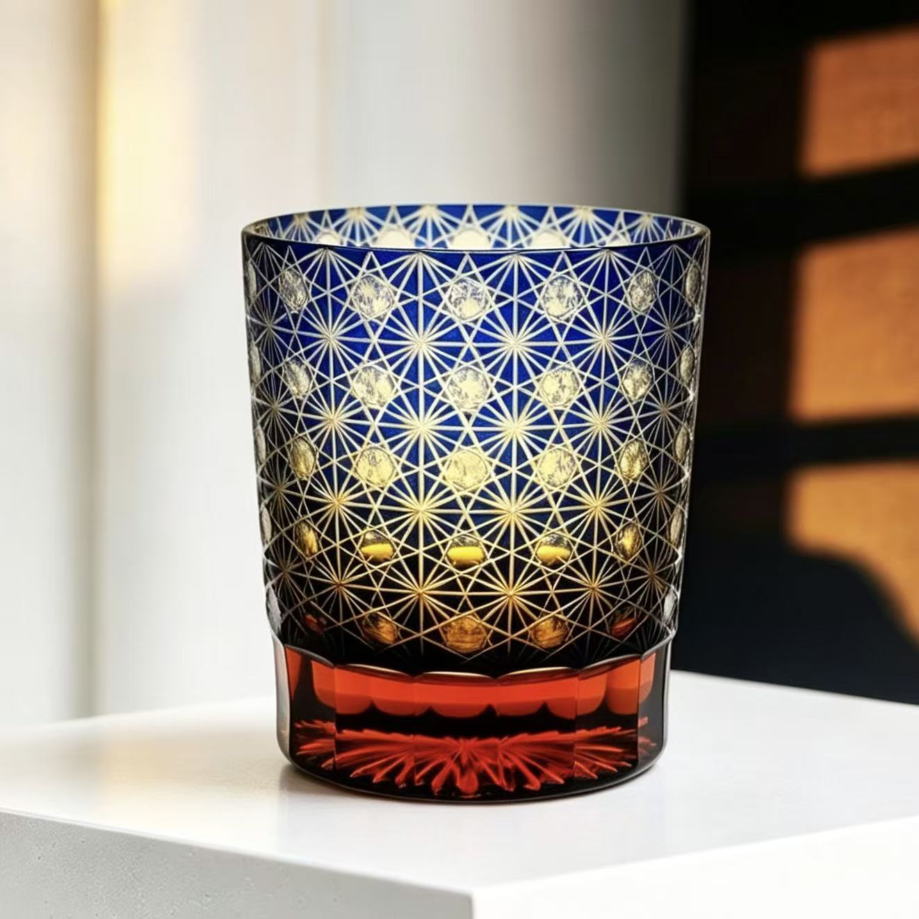 VSVEE Cobalt Blue Asanoha Starburst Hand-Cut Whiskey Glass | Luxury Gift