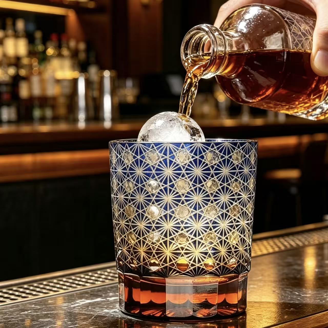 VSVEE Cobalt Blue Asanoha Starburst Hand-Cut Whiskey Glass | Luxury Gift