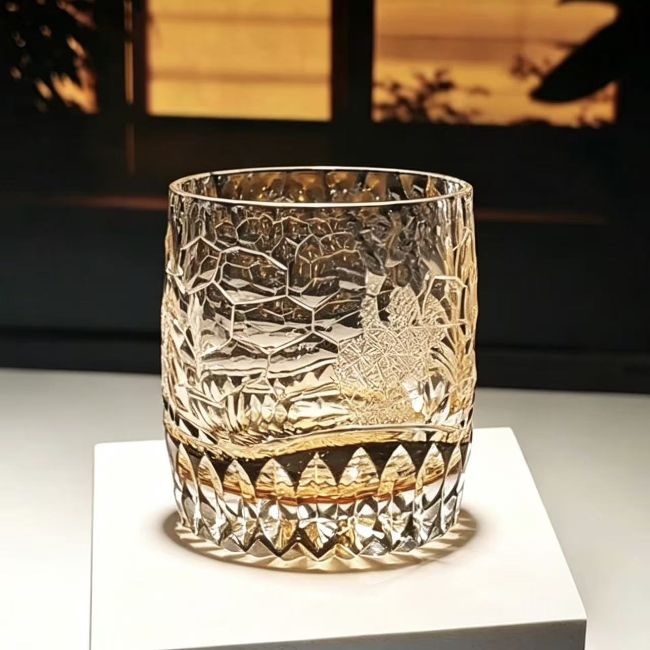 VSVEE Amber Honeycomb Hand-Cut Whiskey Glass | Luxury Crystal Gift