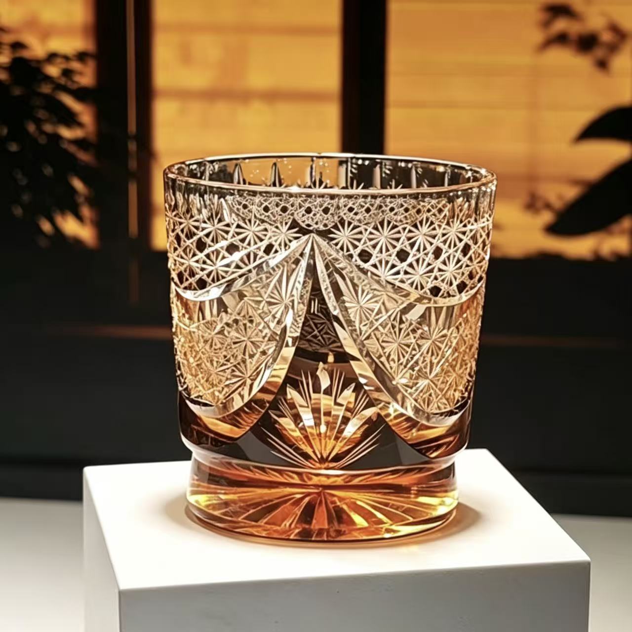 VSVEE Amber Curtain & Fan Hand-Cut Whiskey Glass | Luxury Gift
