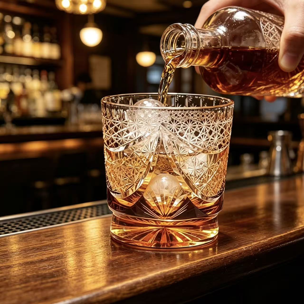 VSVEE Amber Curtain & Fan Hand-Cut Whiskey Glass | Luxury Gift