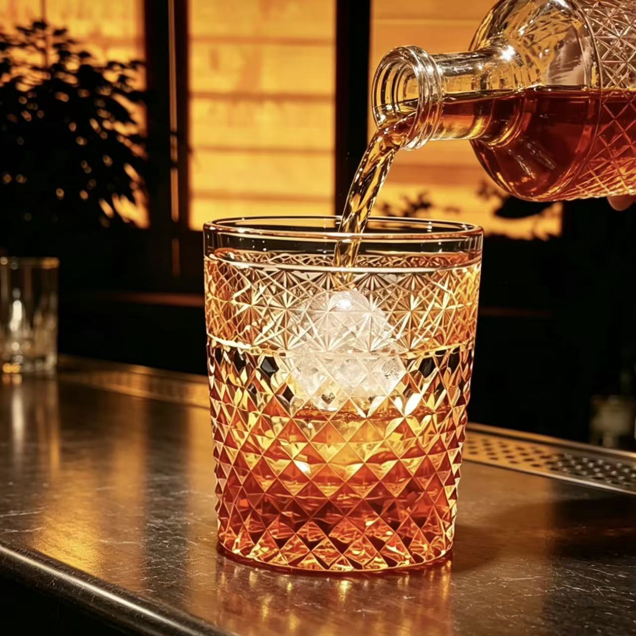 VSVEE Amber Starburst & Diamond Hand-Cut Whiskey Glass | Luxury Gift
