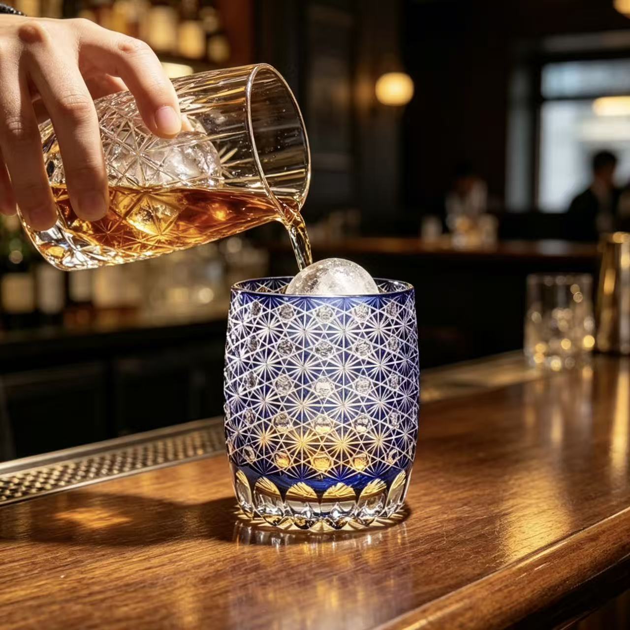 VSVEE Cobalt Blue Asanoha & Bubble Hand-Cut Whiskey Glass | Luxury Gift