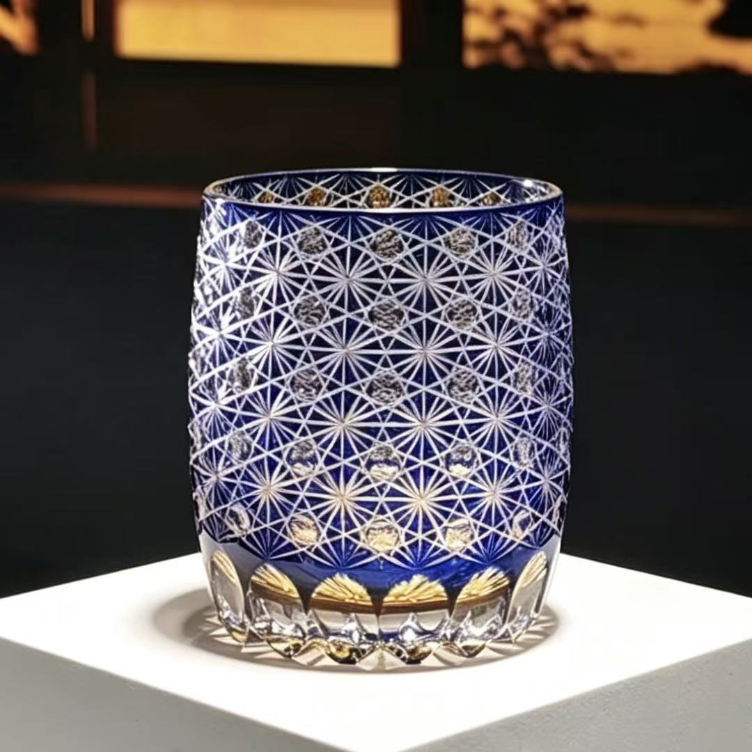 VSVEE Cobalt Blue Asanoha & Bubble Hand-Cut Whiskey Glass | Luxury Gift