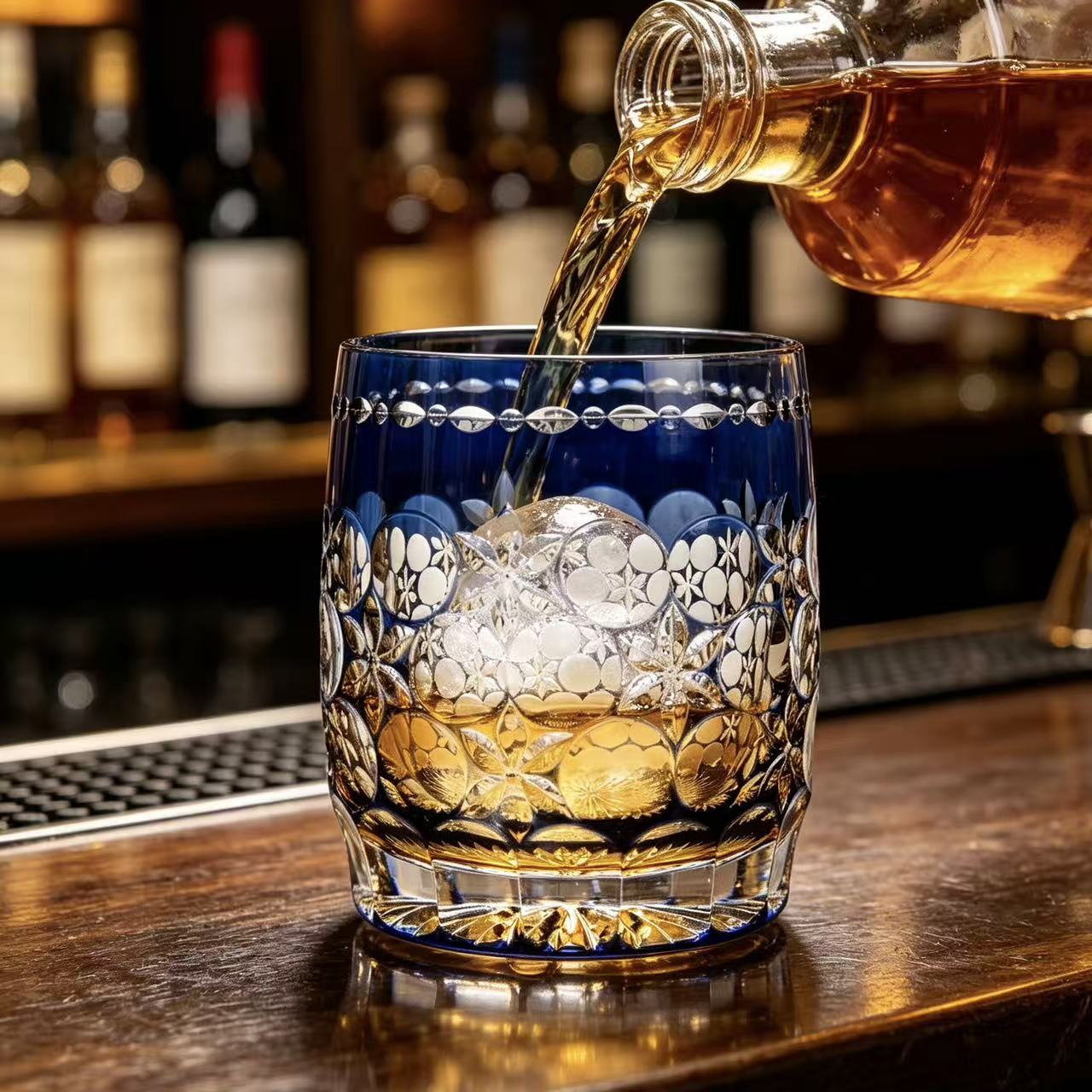 VSVEE Cobalt Blue Floral Medallion Hand-Cut Whiskey Glass | Luxury Gift