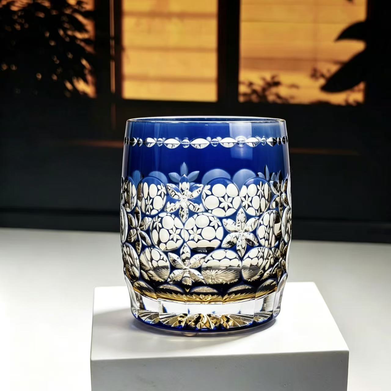 VSVEE Cobalt Blue Floral Medallion Hand-Cut Whiskey Glass | Luxury Gift