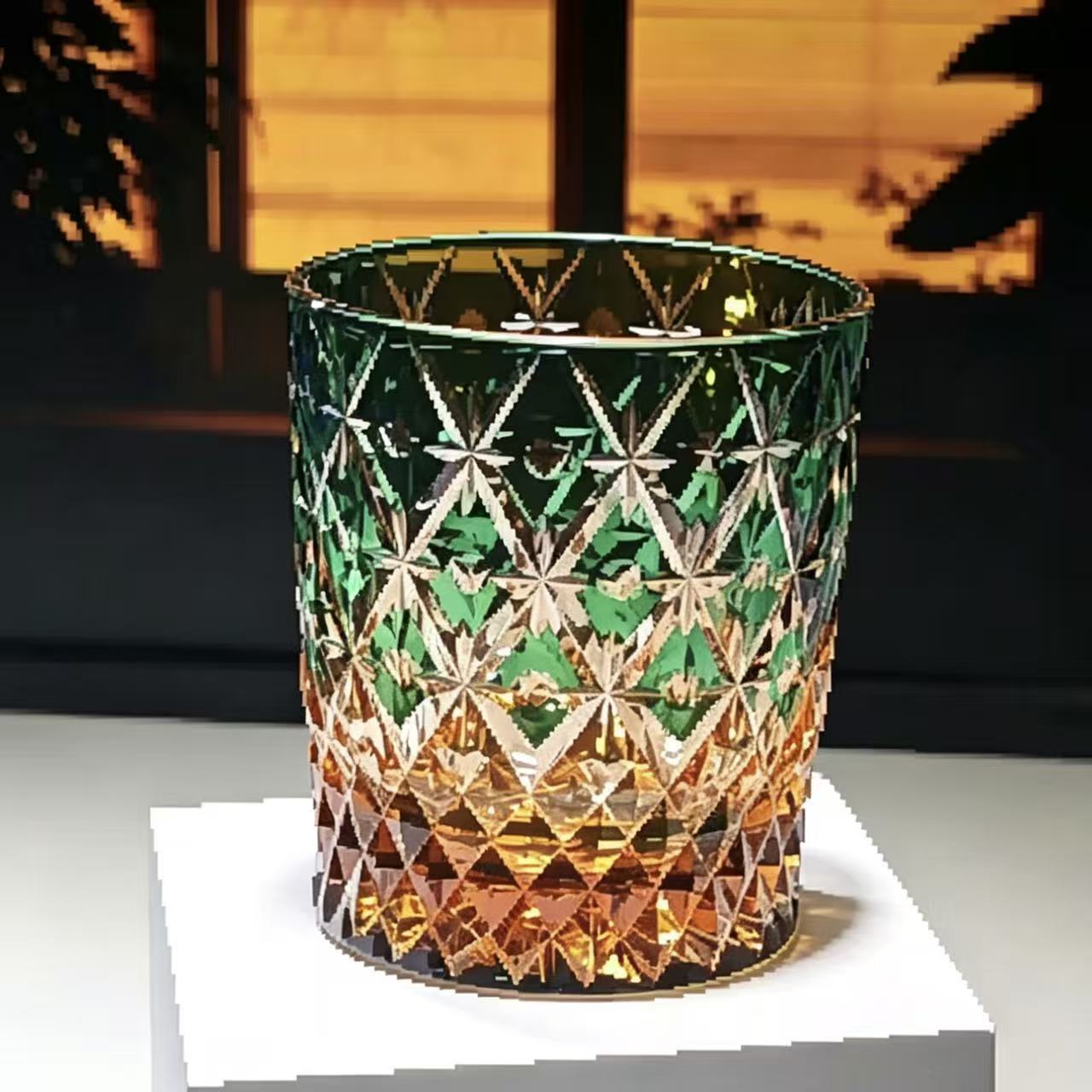 VSVEE Green & Amber Gradient Starburst Hand-Cut Whiskey Glass | Luxury Gift