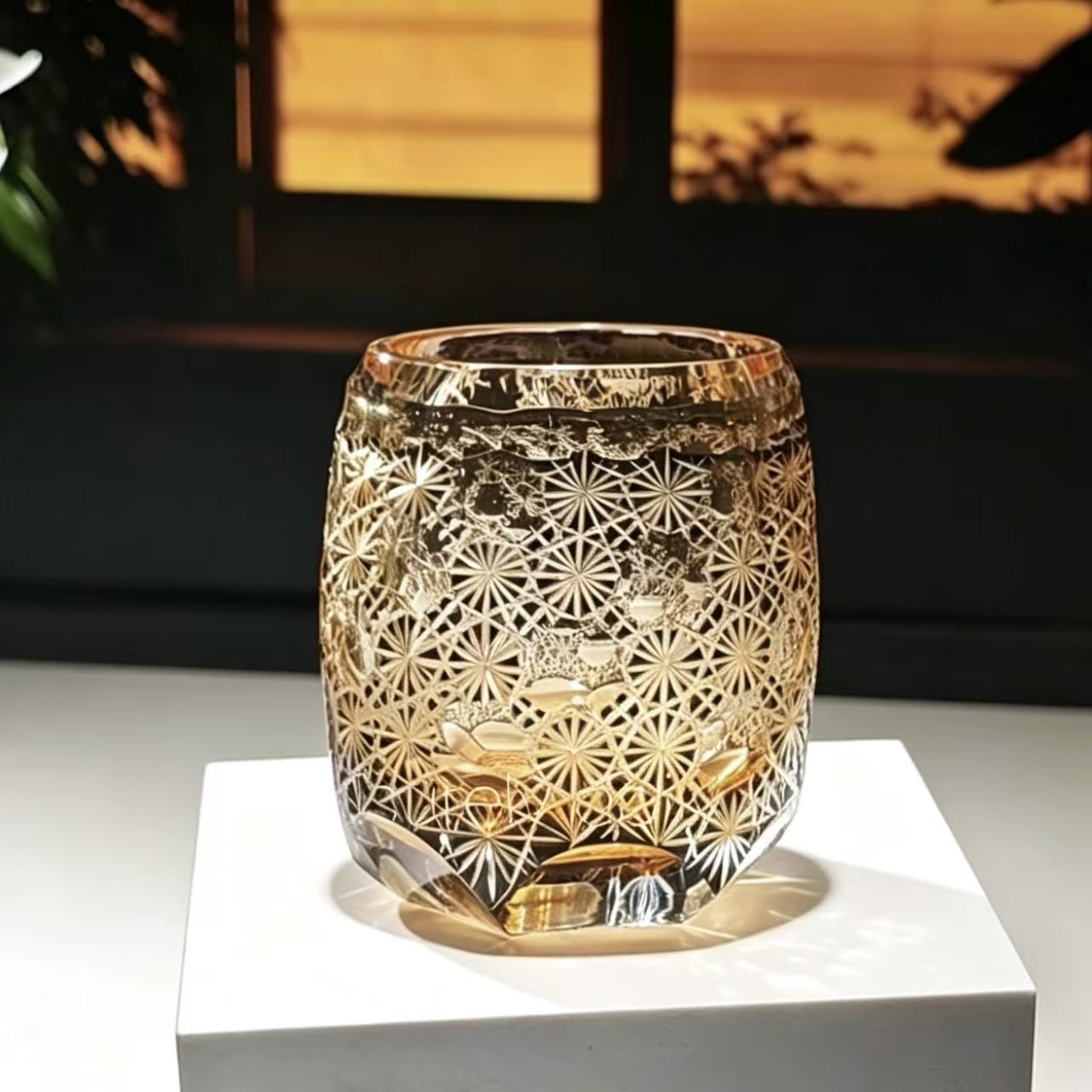 VSVEE Green Edo Kiriko Whiskey Glass | Luxury Hand Cut Crystal Gift
