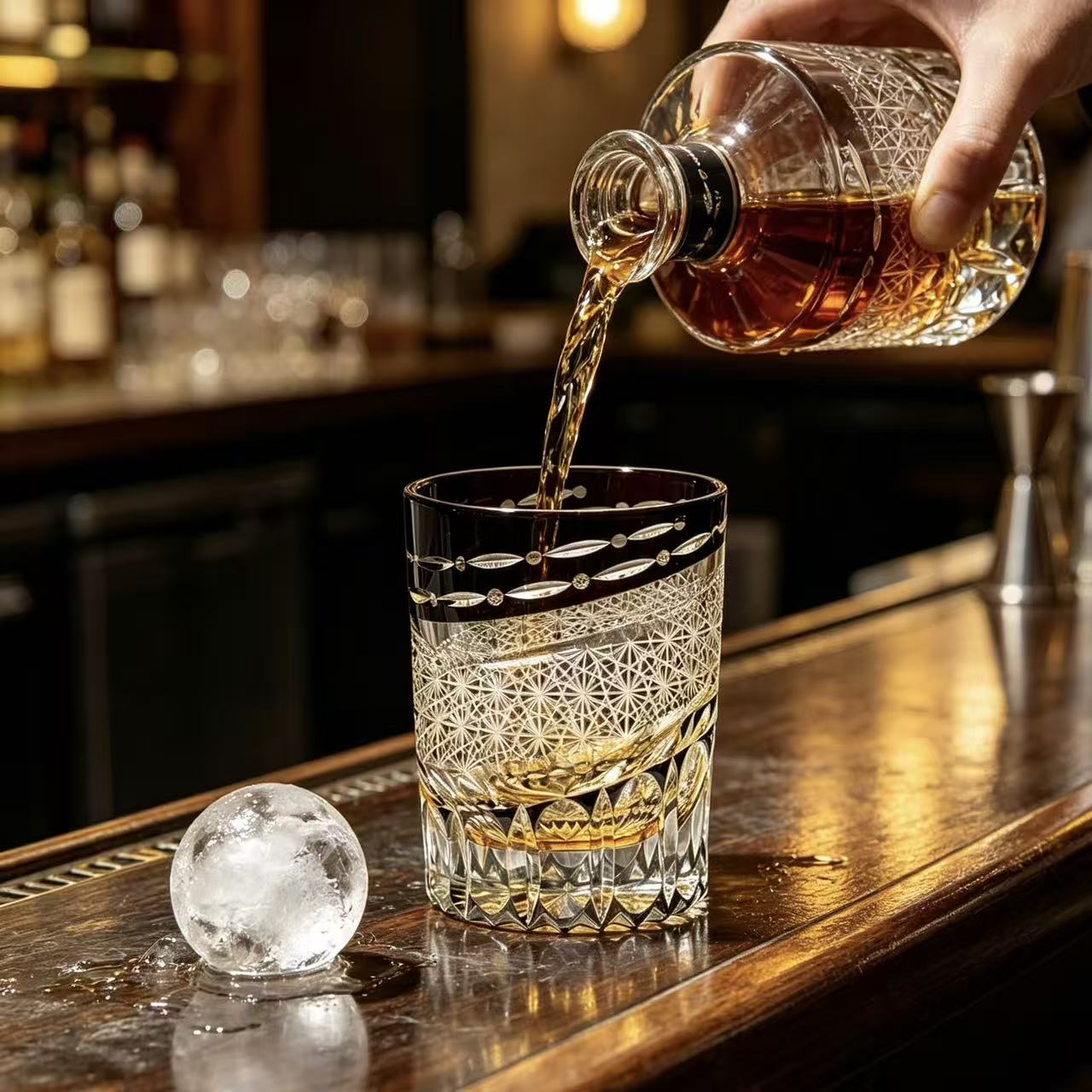 VSVEE Black Clear Edo Kiriko Whiskey Glass | Luxury Hand Cut Crystal Tumbler