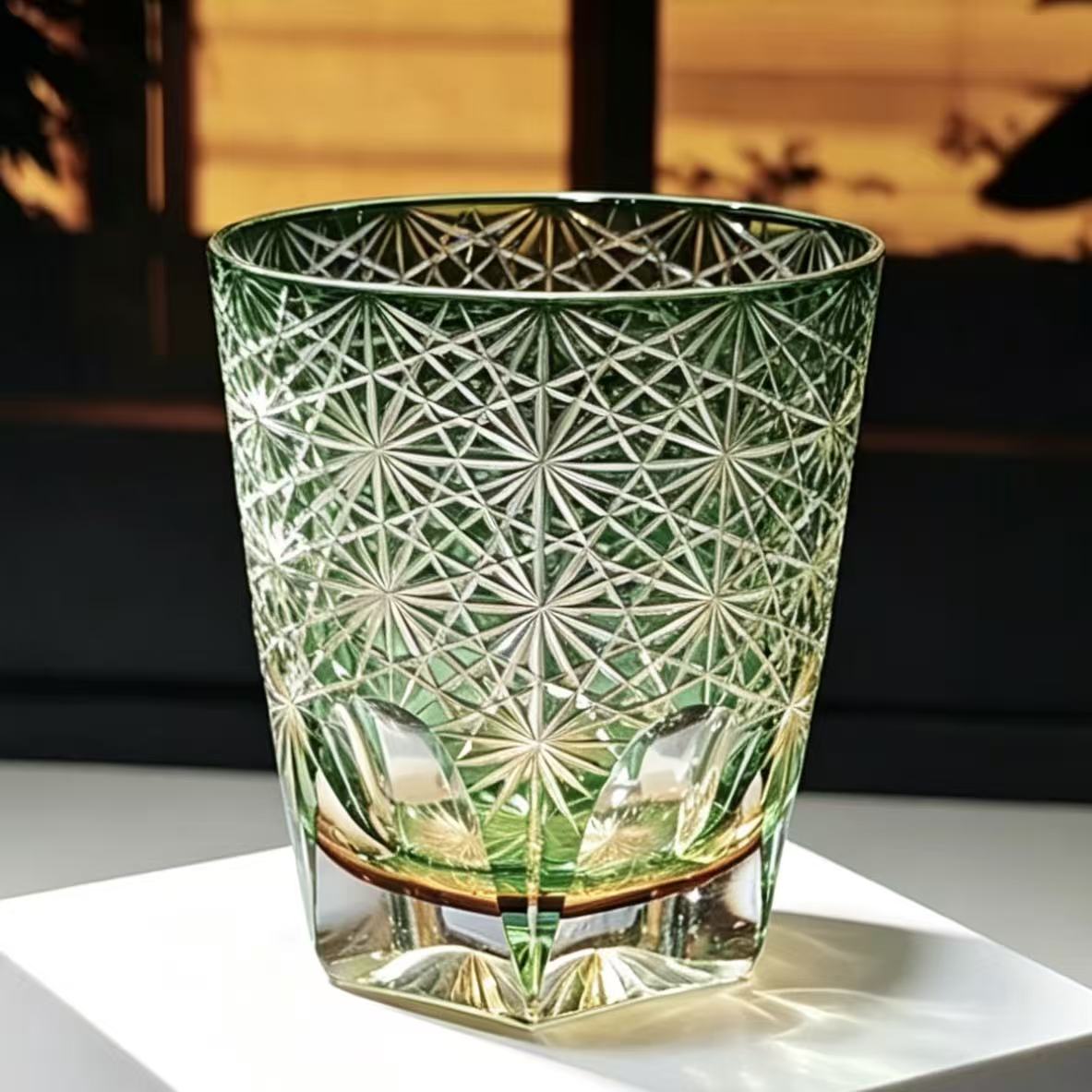 VSVEE Blue Amber Edo Kiriko Whiskey Glass | Luxury Hand Cut Crystal Tumbler
