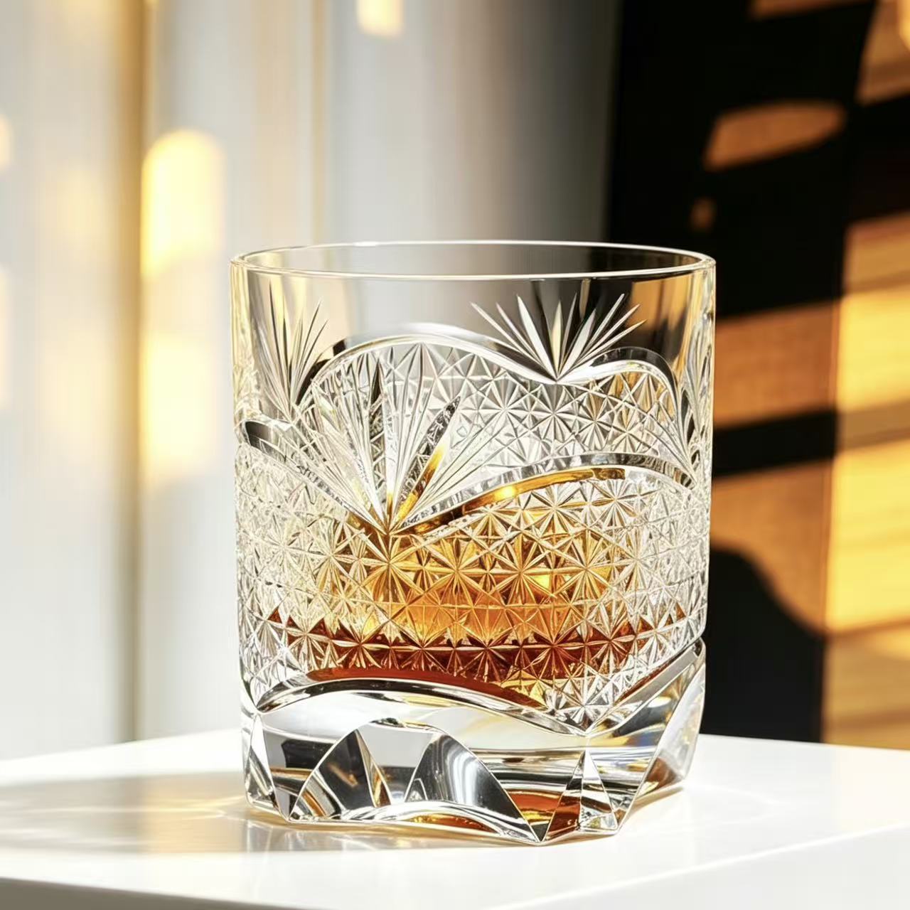 VSVEE Clear Wave & Starburst Hand-Cut Whiskey Glass | Luxury Gift